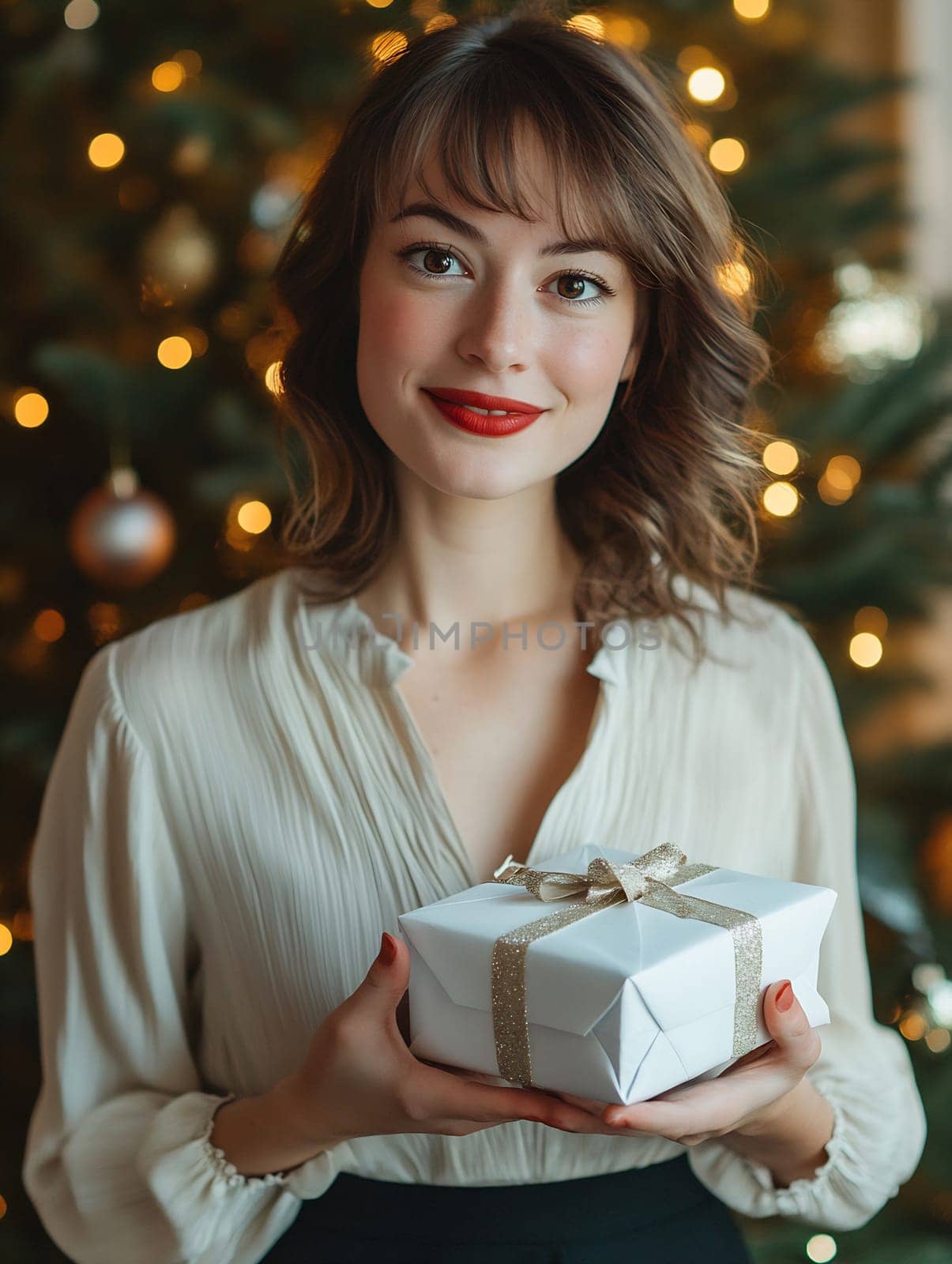 A cheerful young woman presents a neatly wrapped present, surrounded by twinkling lights and ornaments on a Christmas tree.