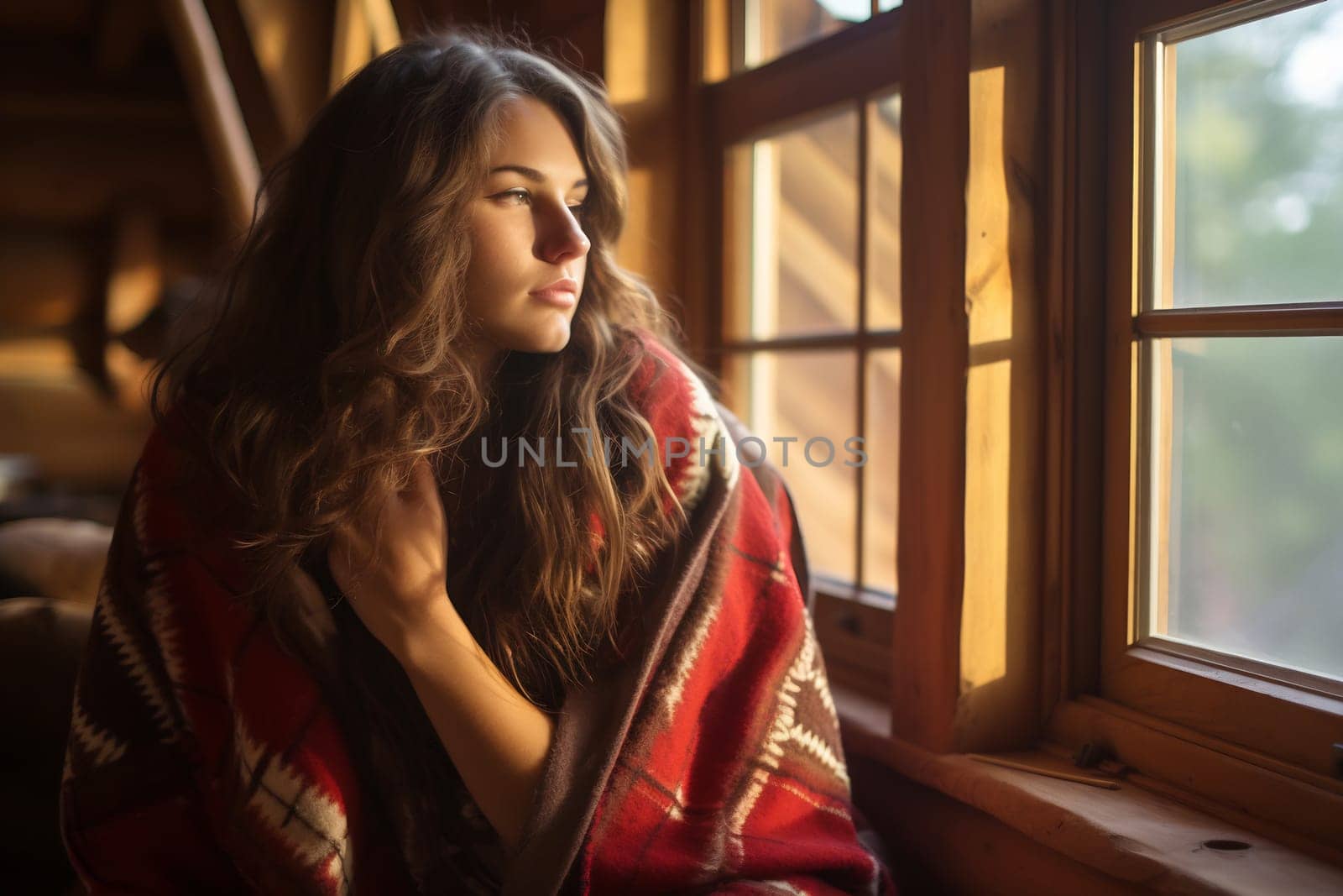 A woman enjoys a peaceful moment, wrapped in a blanket, looking thoughtfully out a cabin window as sunlight filters through.