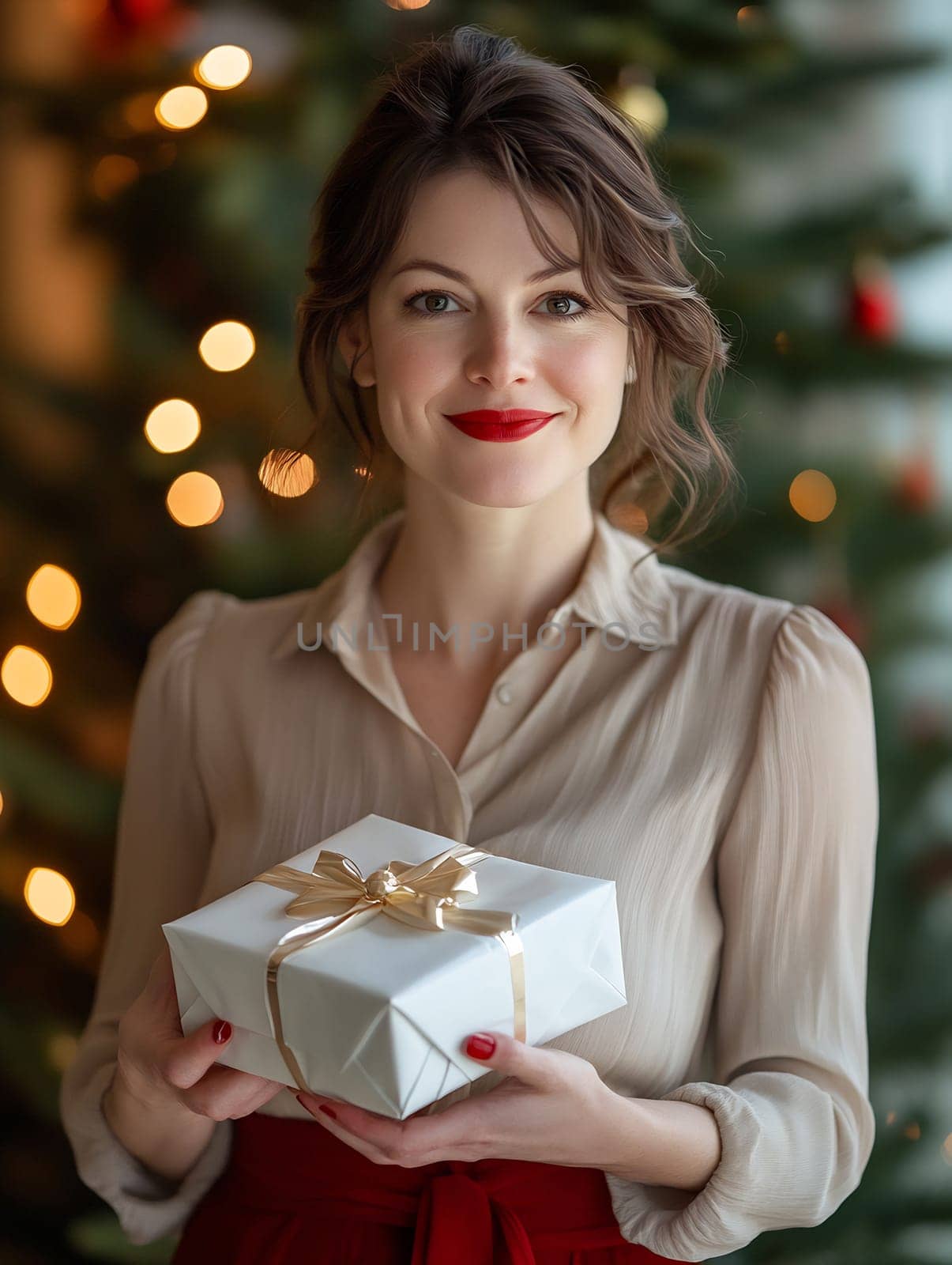 A smiling woman presents a wrapped gift, surrounded by a decorated tree and warm, glowing lights, embodying holiday cheer.