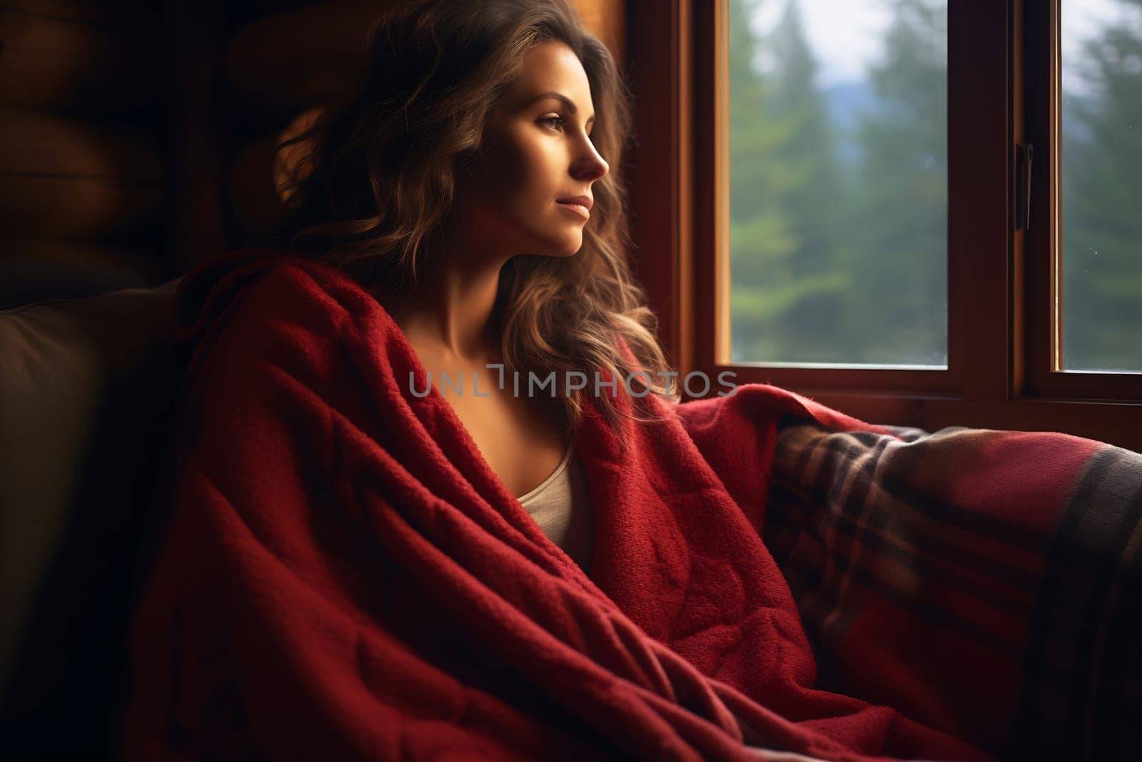 A woman sits by the window, wrapped in a warm blanket, gazing thoughtfully at the lush trees outside on a peaceful day.
