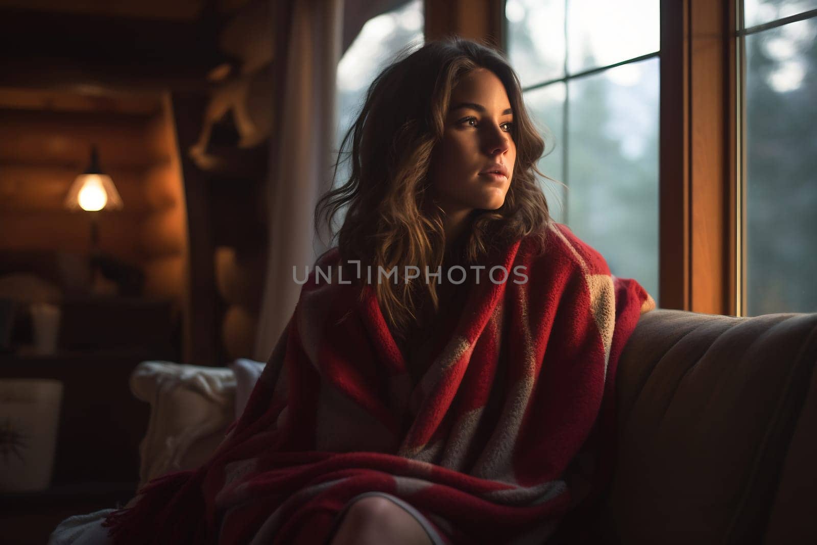 A woman relaxes on a sofa, wrapped in a blanket, while looking out at the serene landscape as the sun sets.