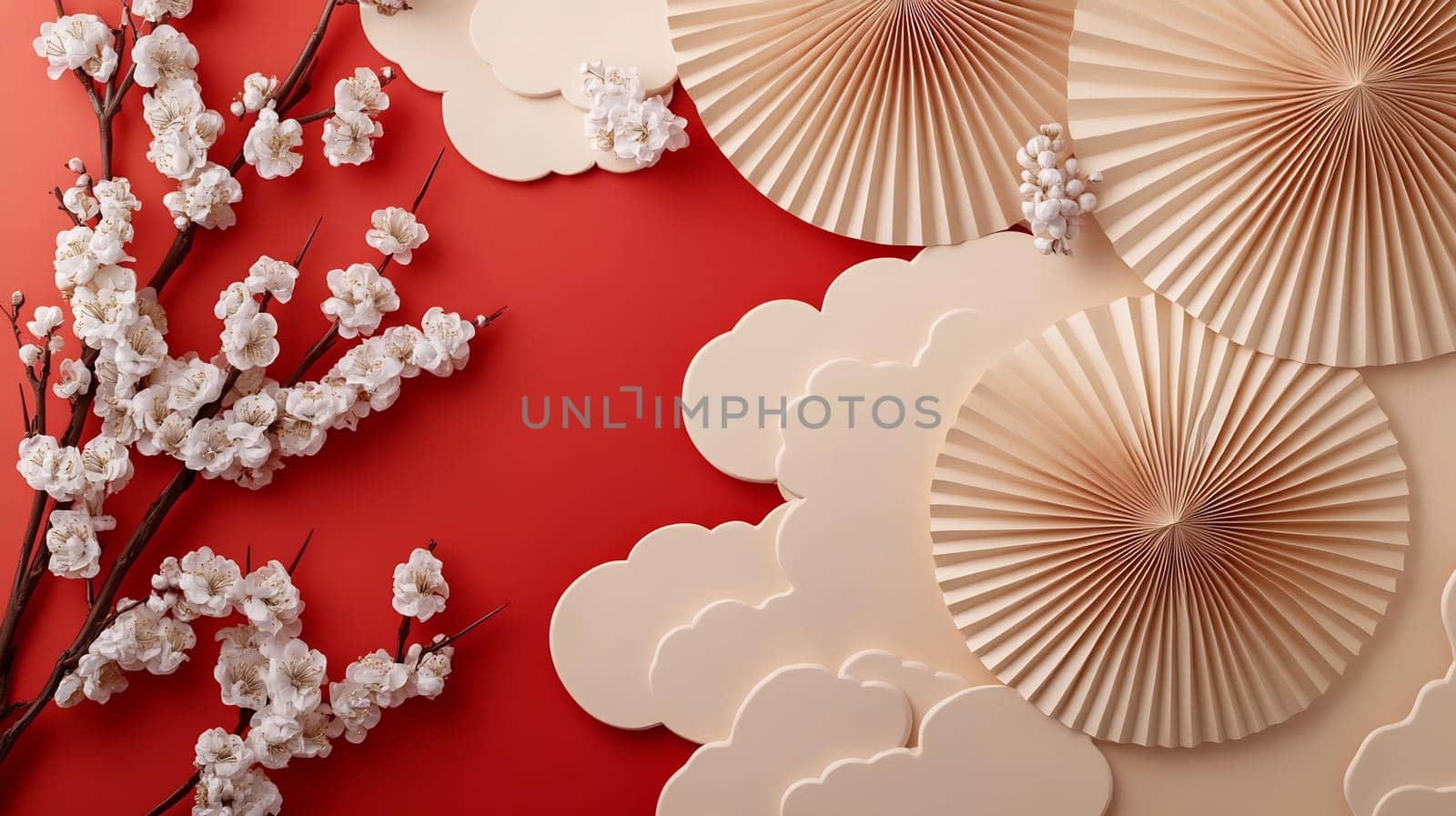 Elegant beige paper fans and delicate cherry blossoms are beautifully arranged on a striking red backdrop, enhancing the decor.