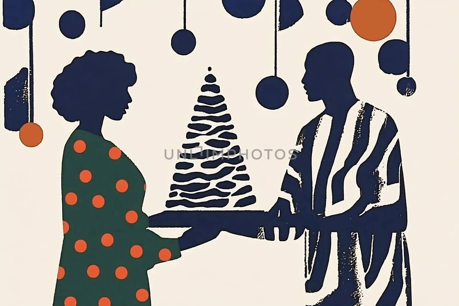 A couple joyfully hands over a wrapped gift, surrounded by holiday decorations, enhancing the festive atmosphere in their home.
