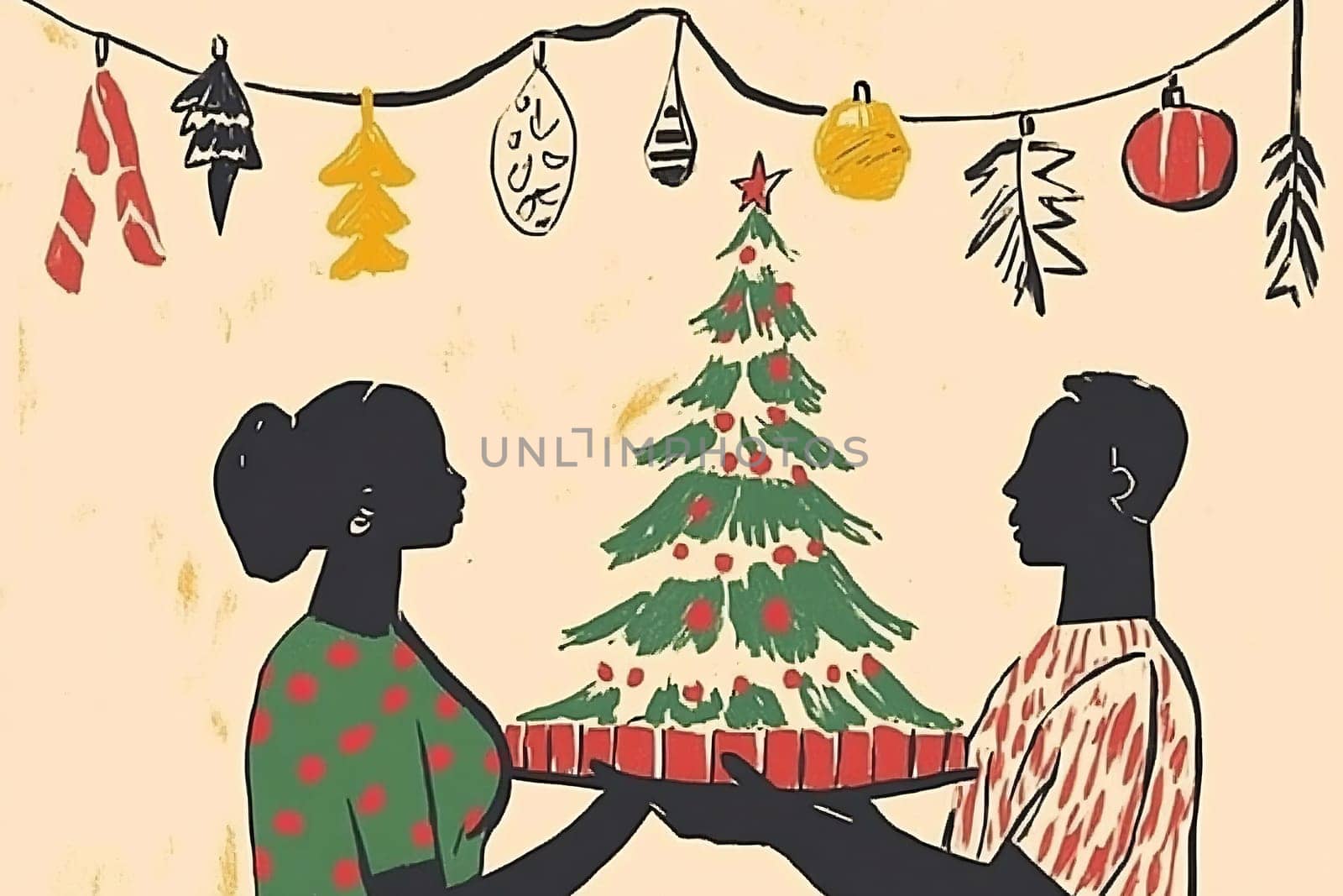 A couple joyfully presents a beautifully adorned Christmas tree, surrounded by colorful decorations and a warm holiday spirit.