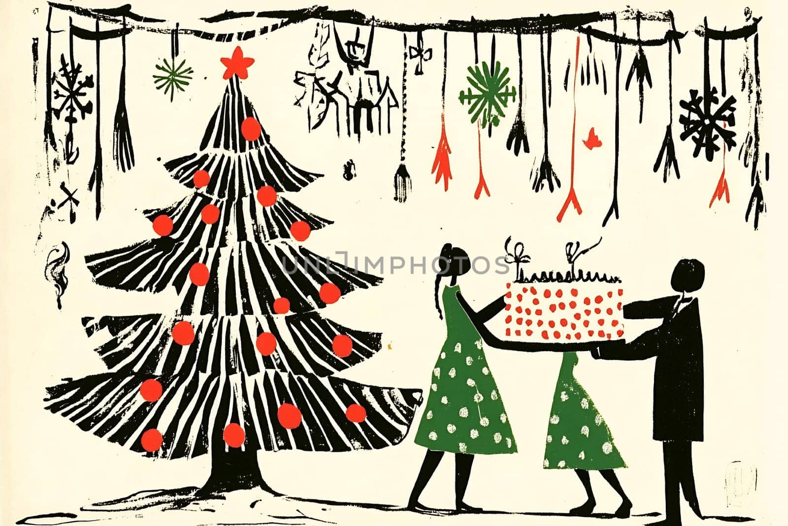 Two figures in green dresses joyfully present a large gift in front of a decorated Christmas tree with ornaments and festive decorations.