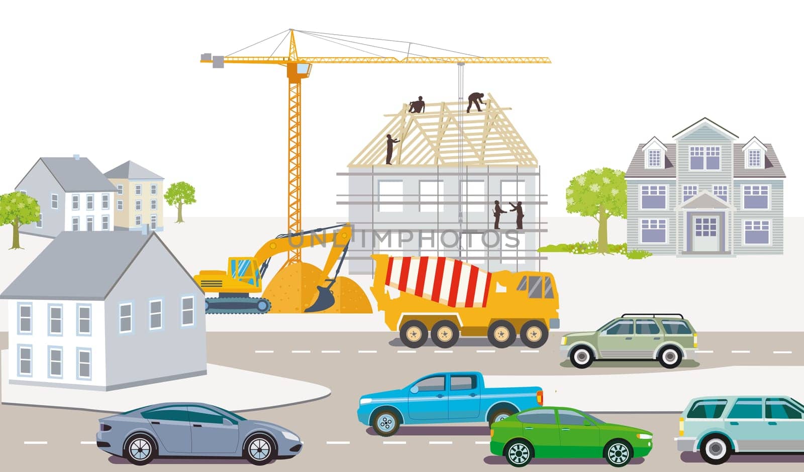 Construction workers building a house with construction machinery, illustration