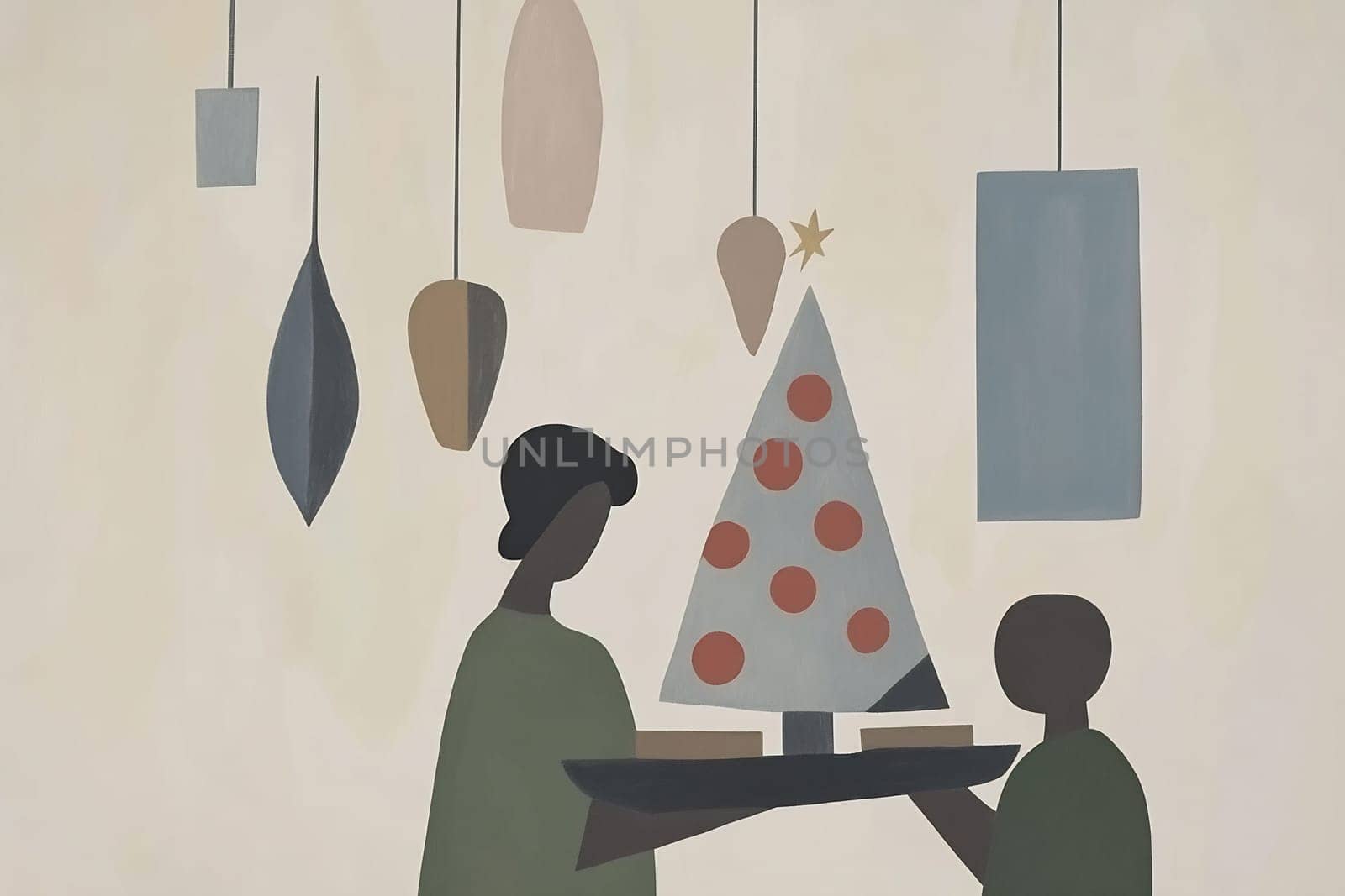 A pair of people is seen arranging ornaments on a simple Christmas tree while enjoying a festive indoor atmosphere.