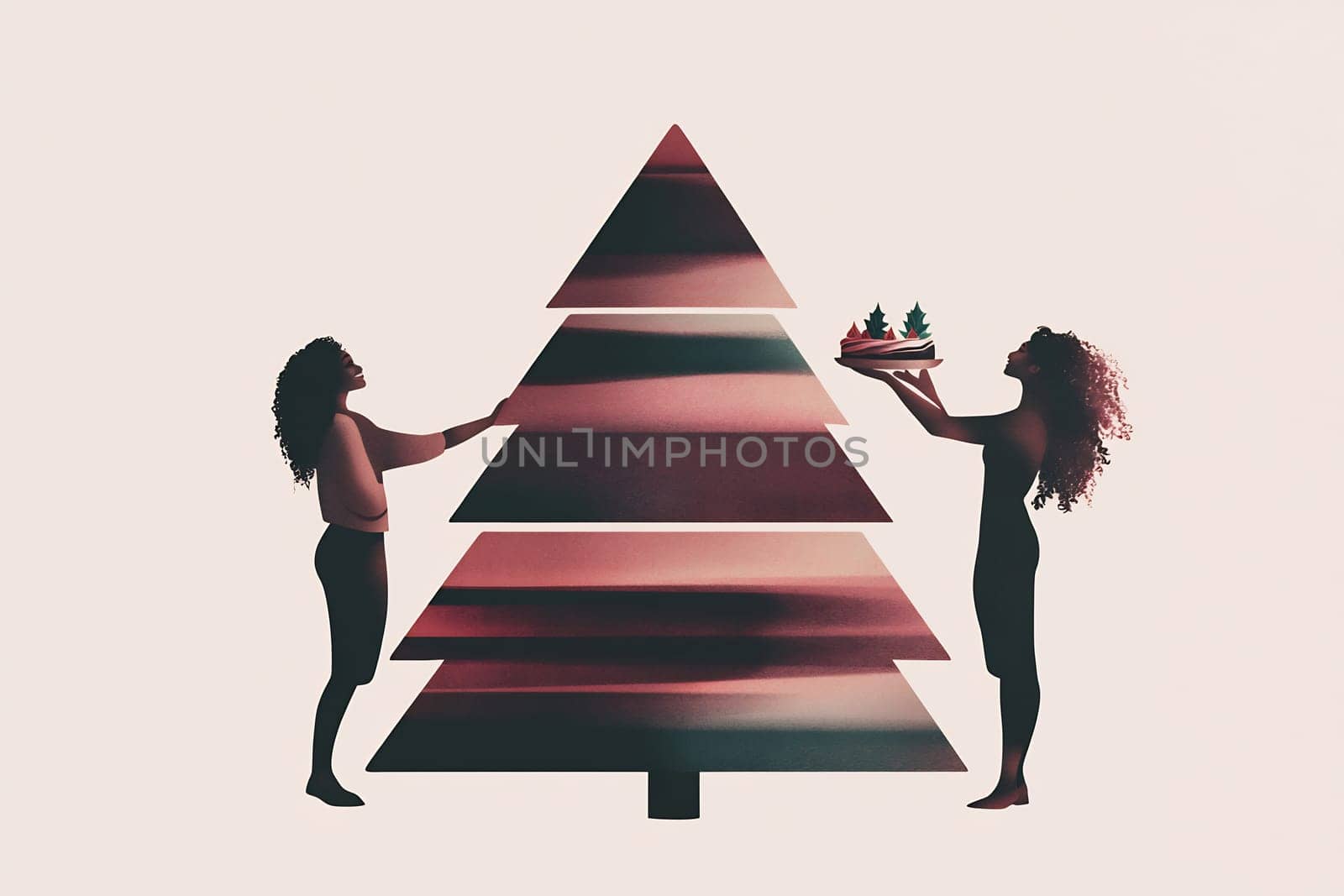Two women joyfully decorate a Christmas tree while one holds a festive cake adorned with miniature trees, creating a warm holiday vibe.