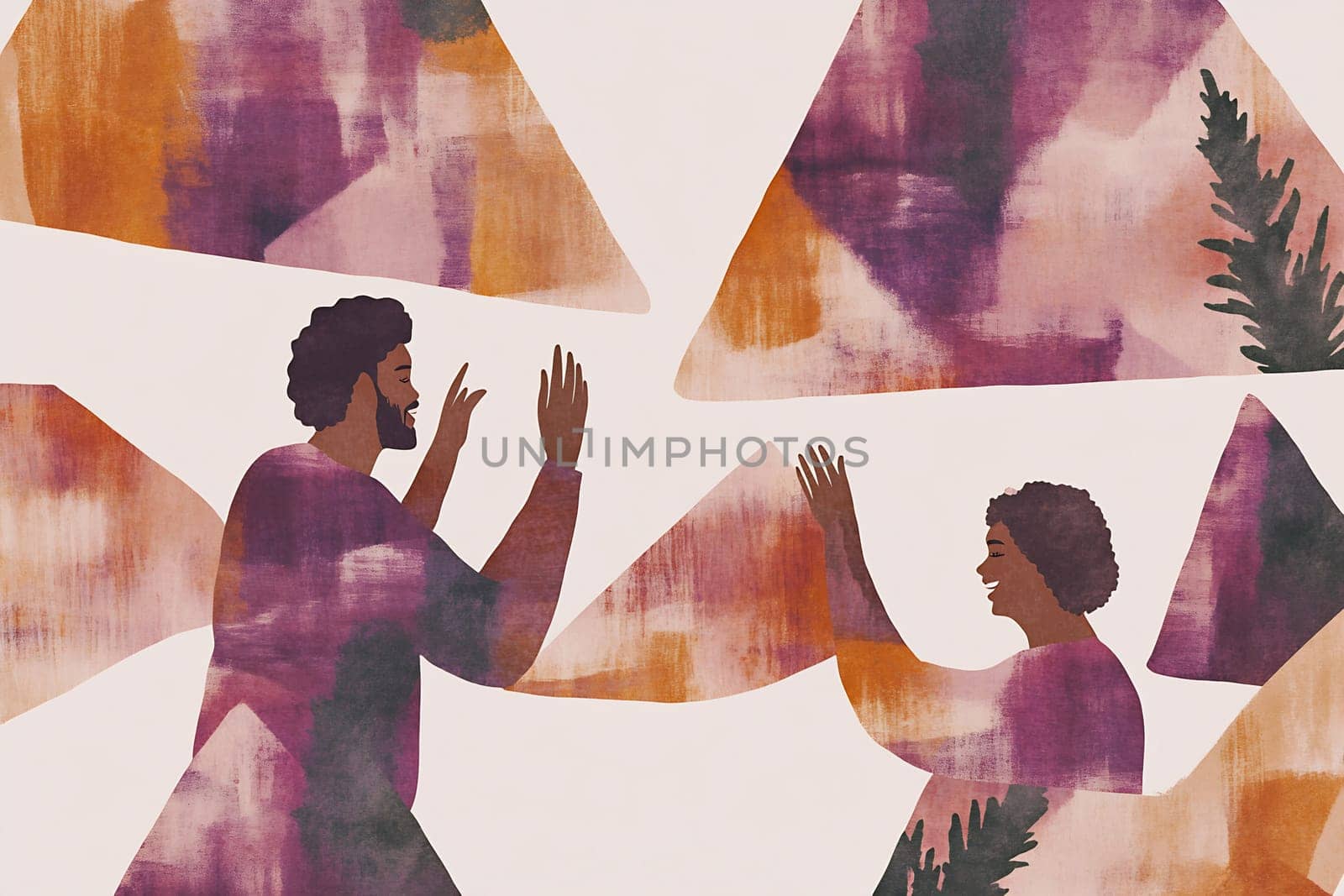 Two people are animatedly chatting with each other, surrounded by vibrant abstract shapes in warm hues.