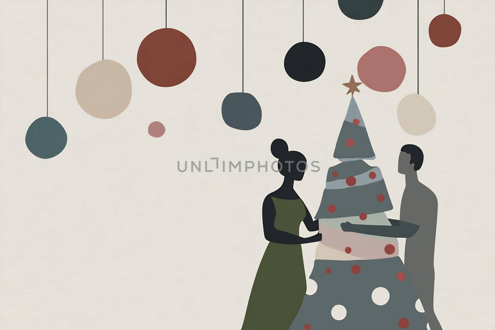 A couple works together to decorate a festive Christmas tree with bright ornaments, creating a joyful atmosphere at home.