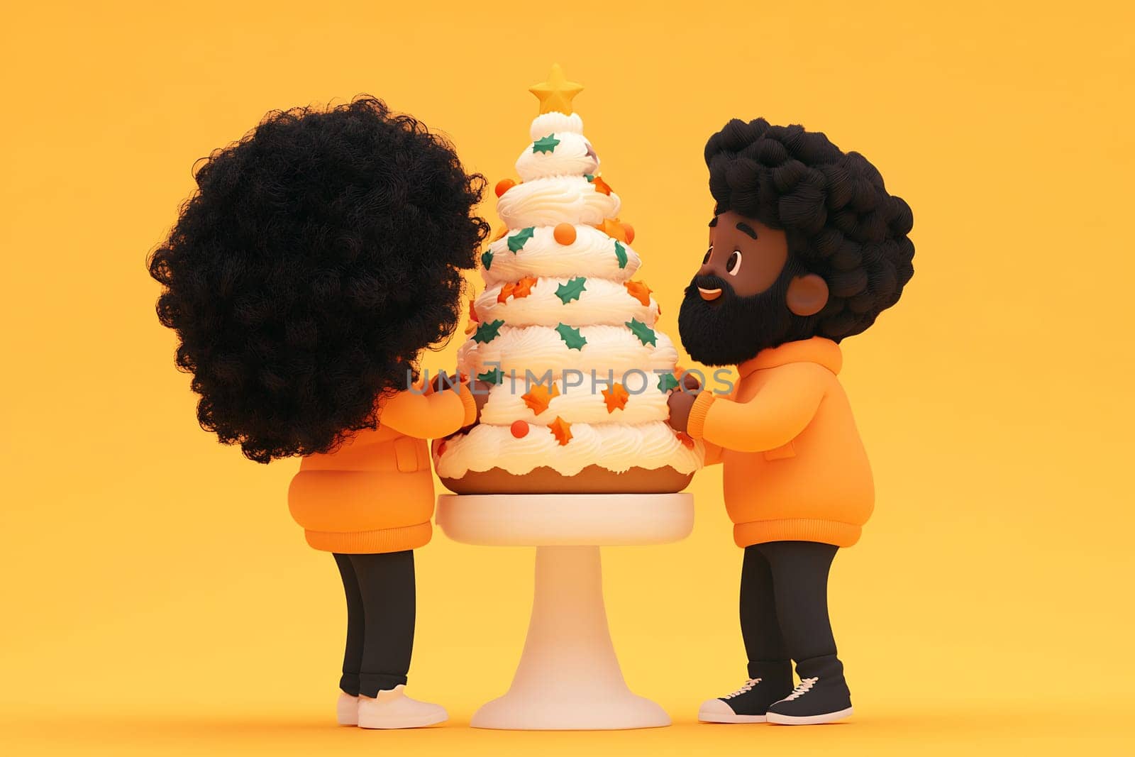 This vibrant scene shows two kids enthusiastically adding decorations to a large cake, surrounded by a warm, festive atmosphere.