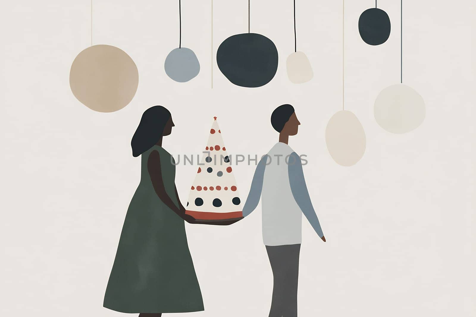 A couple dressed in stylish clothing carries an intricately decorated cake through an elegant space filled with hanging decor.