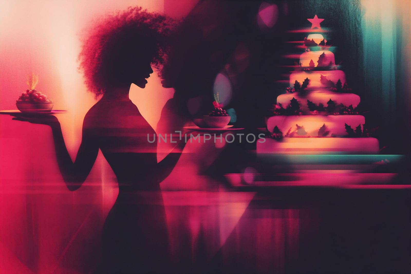 A woman with curly hair stands gracefully, presenting desserts while a tall, decorated cake glimmers in the background at a festive event.