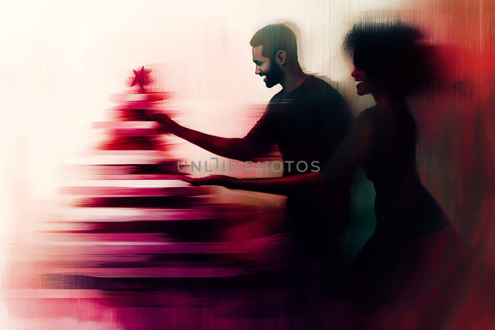 A couple is excitedly adding ornaments to a colorful Christmas tree, capturing the spirit of the holiday season together.