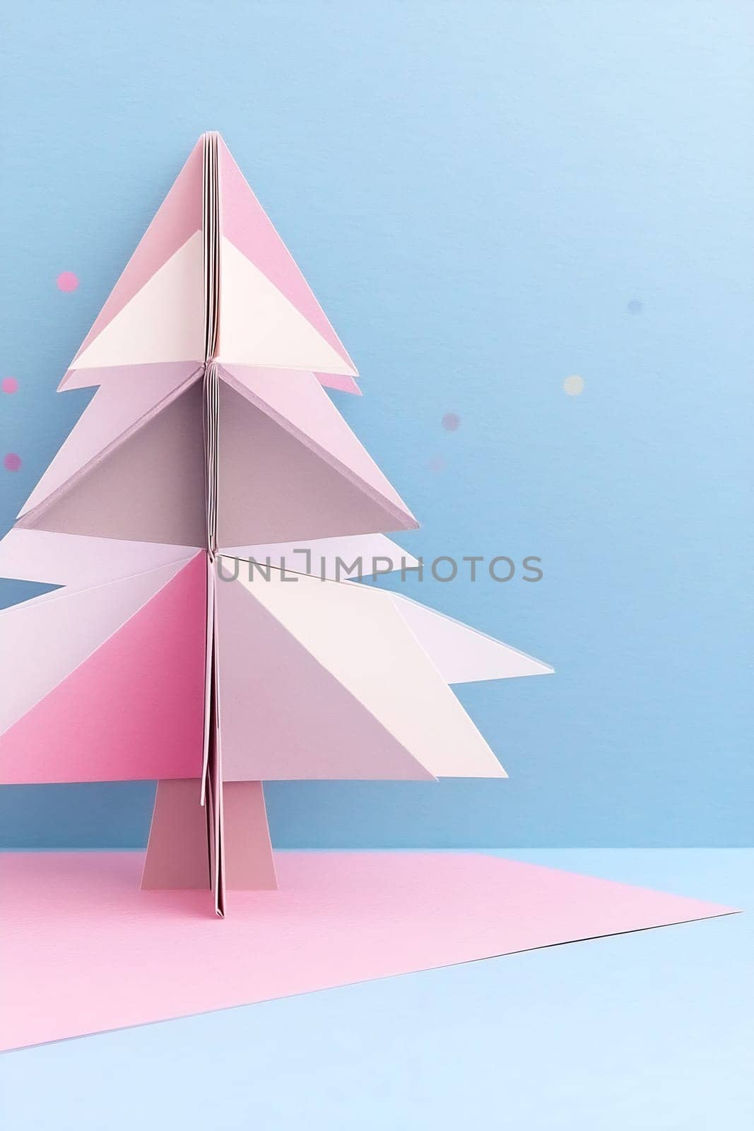 A unique paper-crafted Christmas tree in pastel shades stands prominently on a light blue surface, adding charm to a festive setting.
