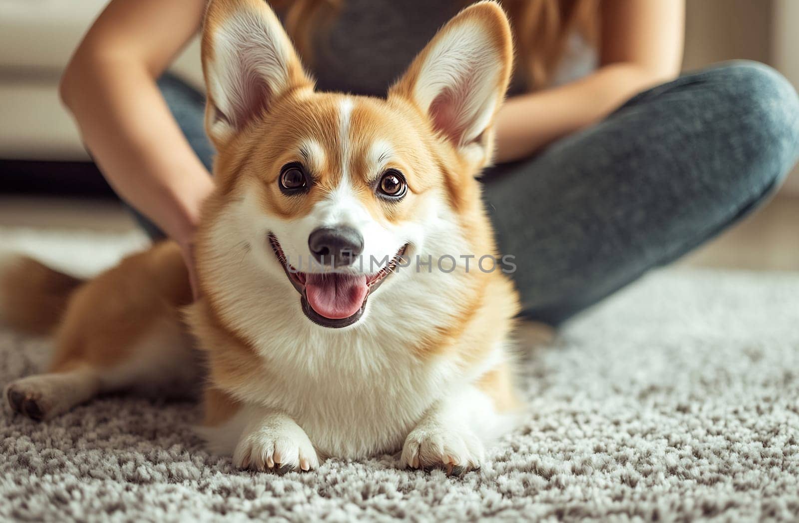 A joyful Corgi lies comfortably on a plush rug, enjoying gentle pets from a person seated nearby.