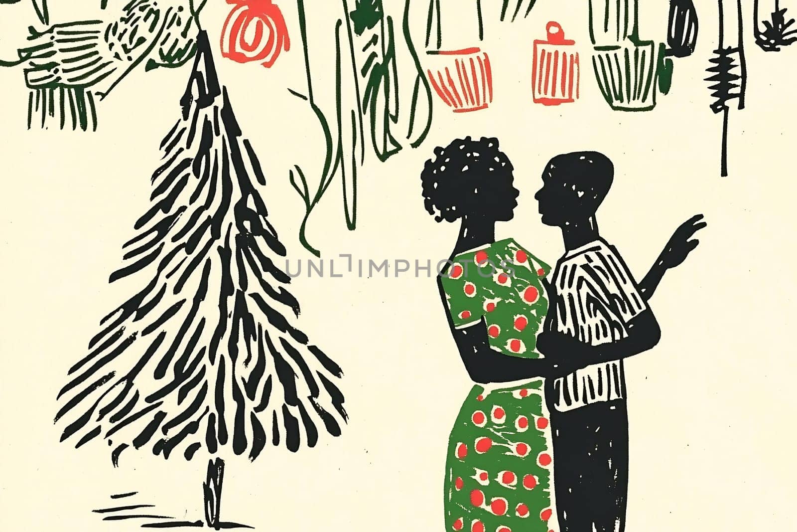 A couple embraces while dancing under a beautifully decorated tree filled with colorful ornaments in a warm atmosphere.