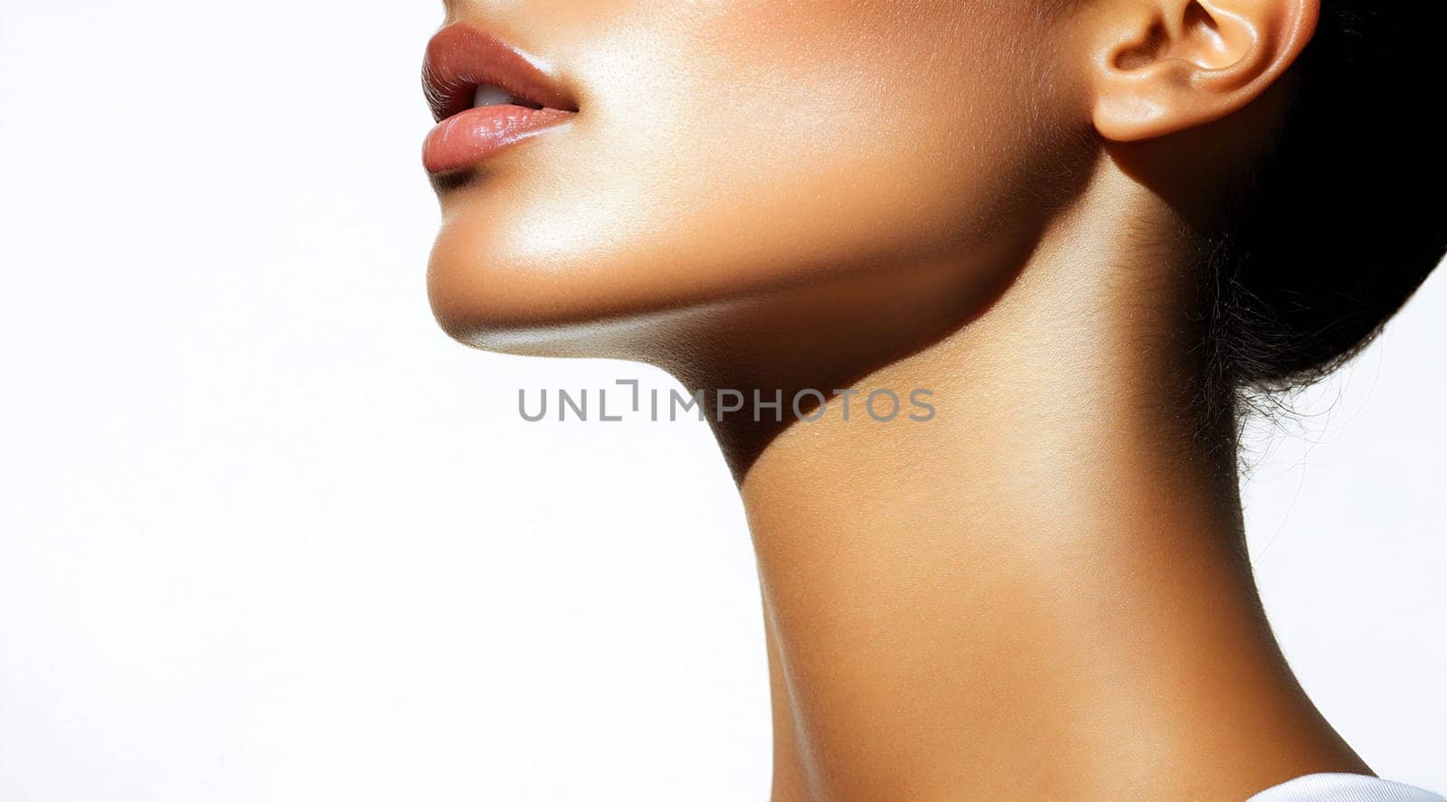 A woman displays her graceful profile, highlighting her smooth skin and elegant jawline illuminated by soft natural light.