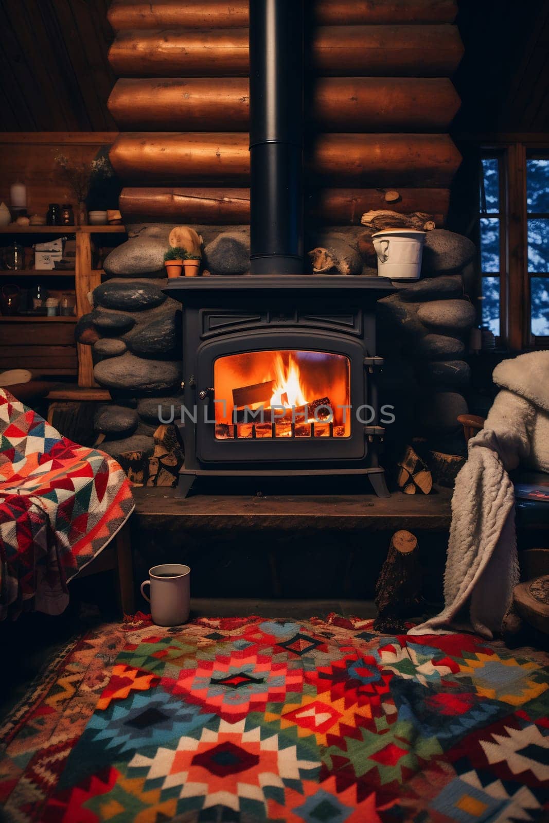 A warm stone fireplace radiates comfort in a rustic cabin, surrounded by colorful blankets and a vibrant area rug on a winter night.