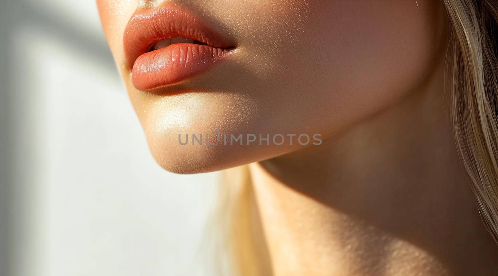 Soft, well-defined lips with a subtle gloss reflect warm sunlight, highlighting their natural beauty in a serene atmosphere.