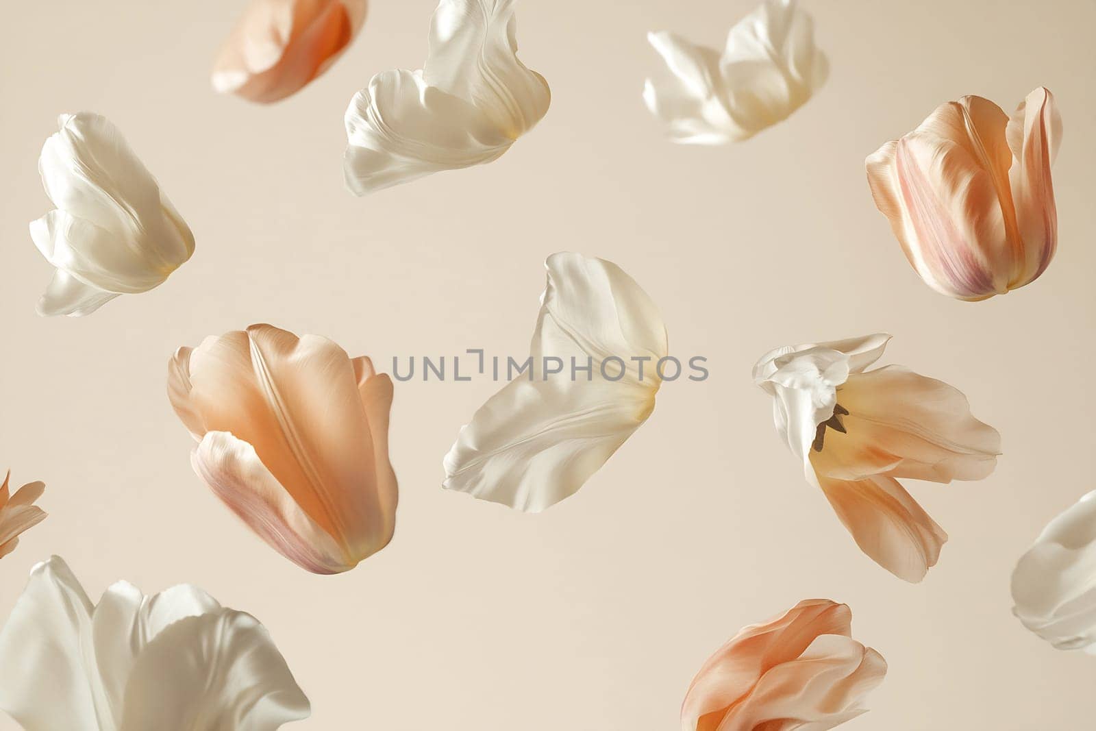 Petals from white and peach tulips are seen gently floating in mid-air, creating a serene and tranquil atmosphere.