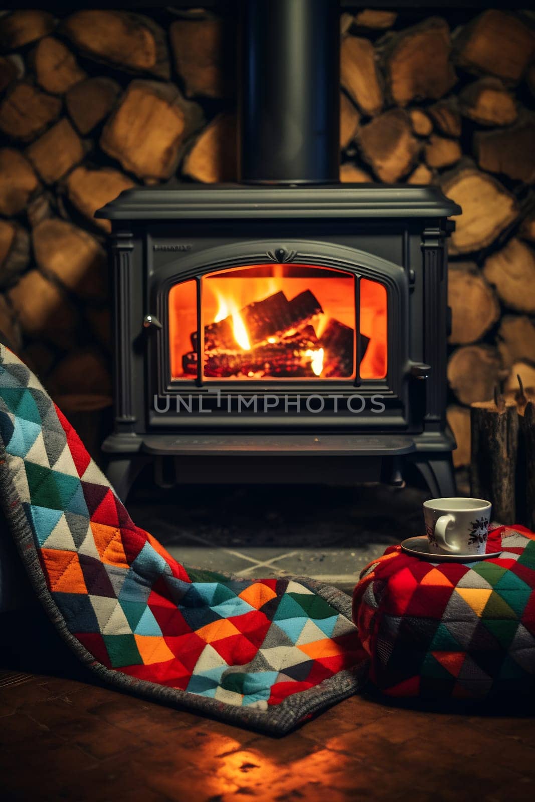 A colorful blanket drapes over a chair next to a glowing fireplace, creating a warm and inviting atmosphere in a rustic cabin.