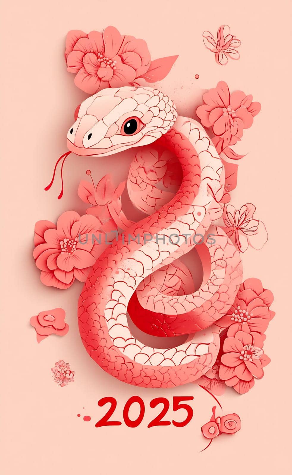 The vibrant pink snake, surrounded by flowers, represents the upcoming Lunar New Year of the Snake in 2025 with rich details.
