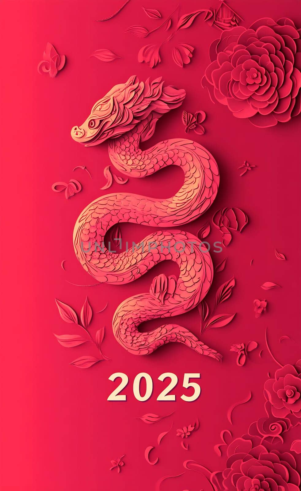 The artwork showcases a beautifully crafted dragon symbolizing the 2025 Lunar New Year against a bold red background with floral elements.