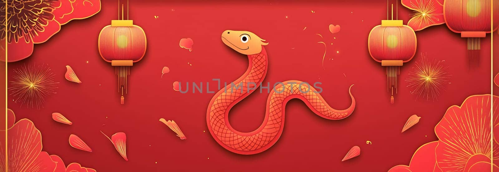A vibrant red background features a whimsical snake surrounded by lanterns and floral decorations symbolizing new year's celebrations.