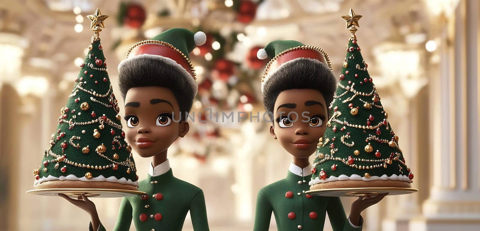 Two cheerful holiday helpers hold trays of Christmas desserts in an elegantly adorned space with vibrant decorations.