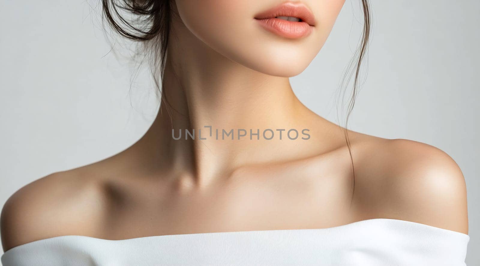 A woman with a gentle expression displays her natural makeup and hairstyle, highlighting her elegance and simplicity in a minimalist setting.