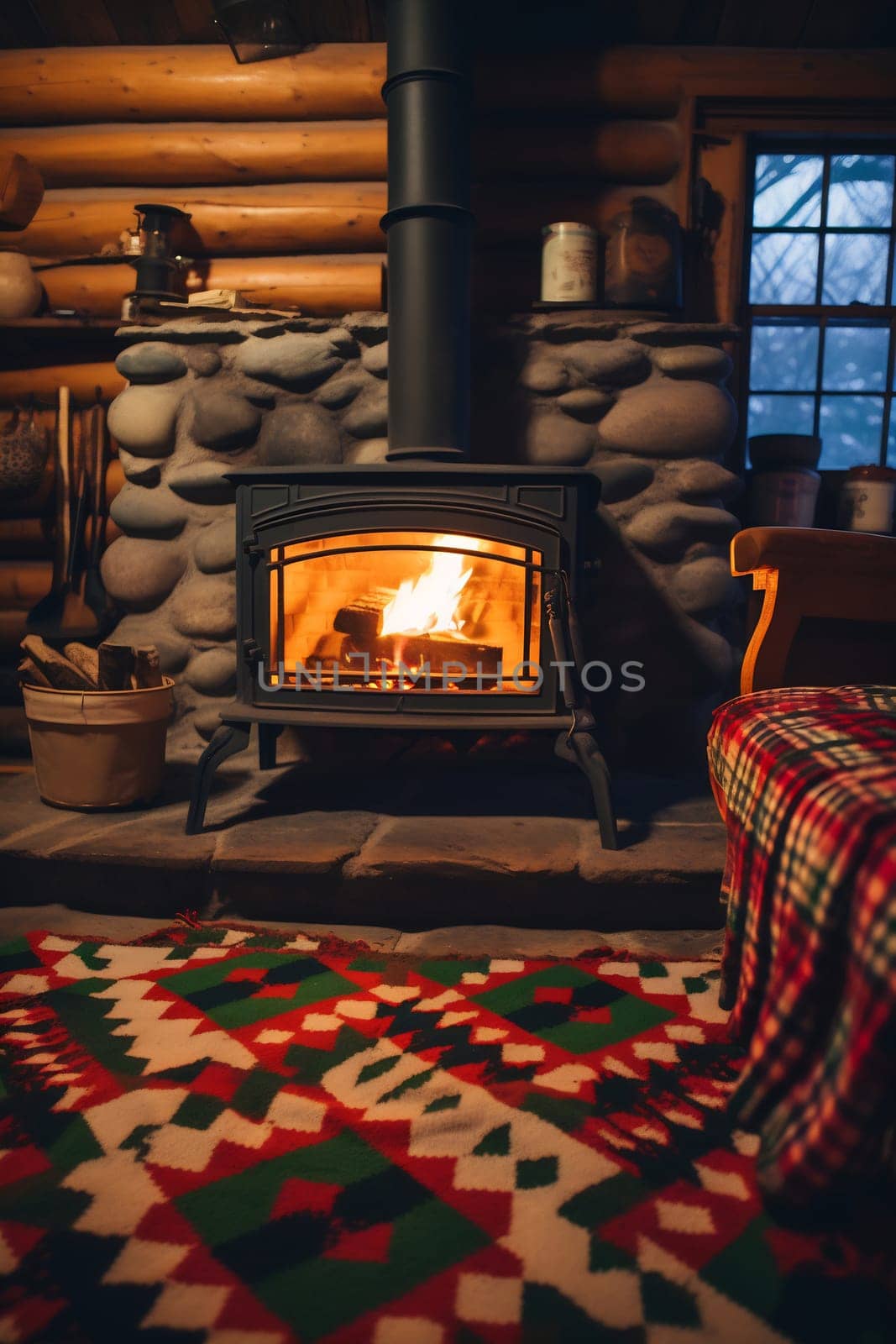 A welcoming space with a crackling fire in the fireplace, surrounded by rustic decor, ideal for a winter retreat.