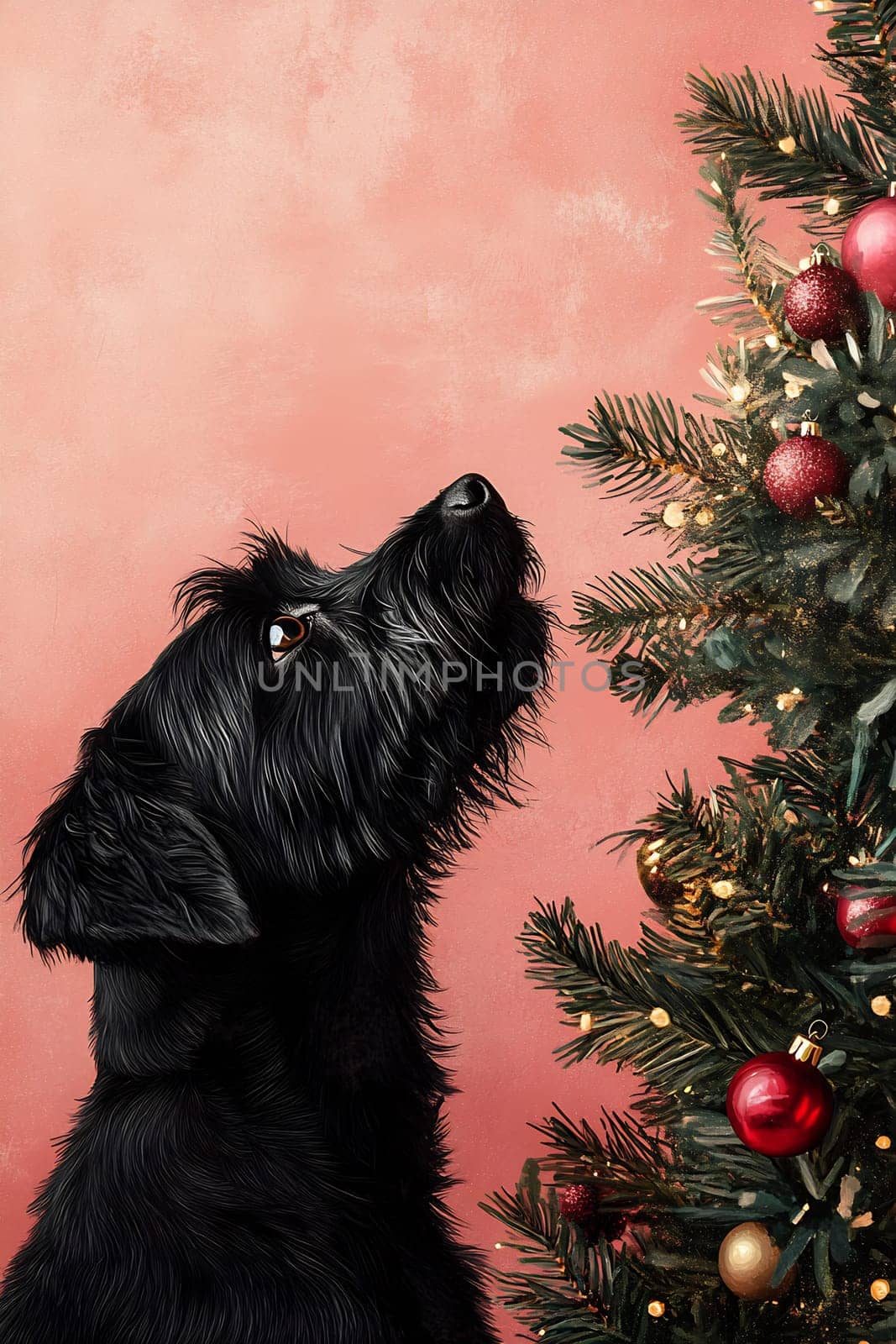 The black dog looks up in wonder at the colorful decorations on the Christmas tree in a warm, festive room.