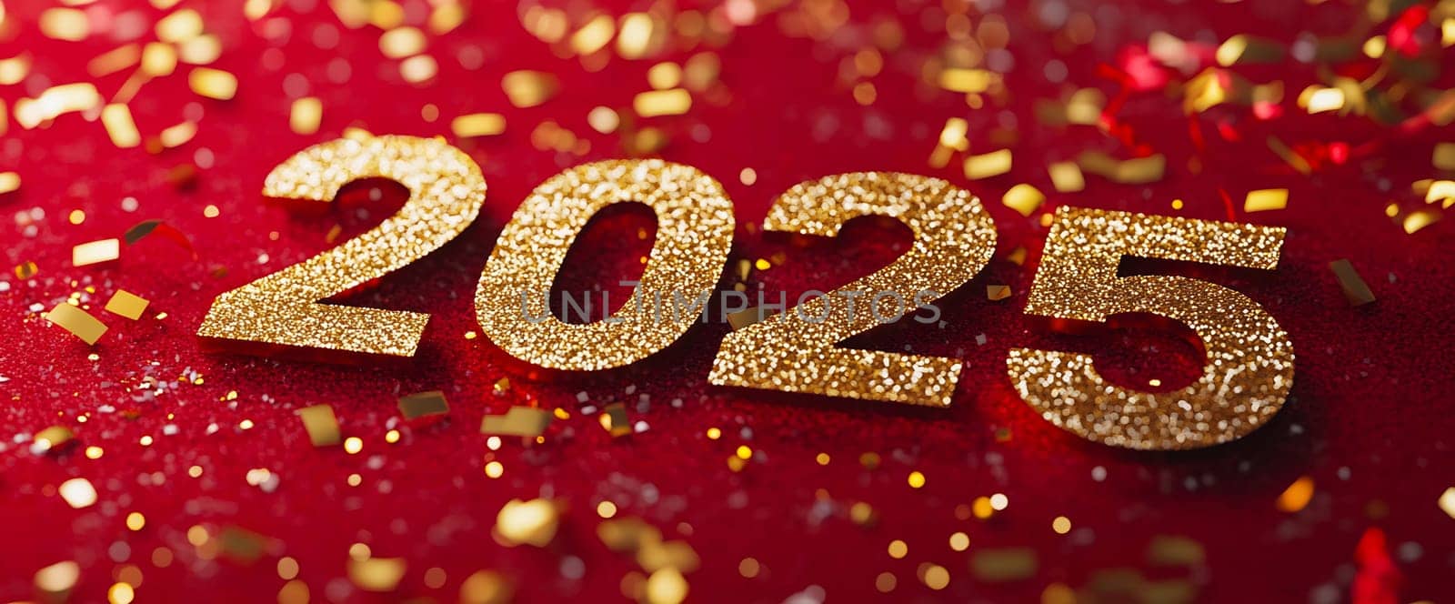 Golden numbers representing 2025 are surrounded by sparkling confetti on a bright red surface, creating a festive atmosphere for the new year.