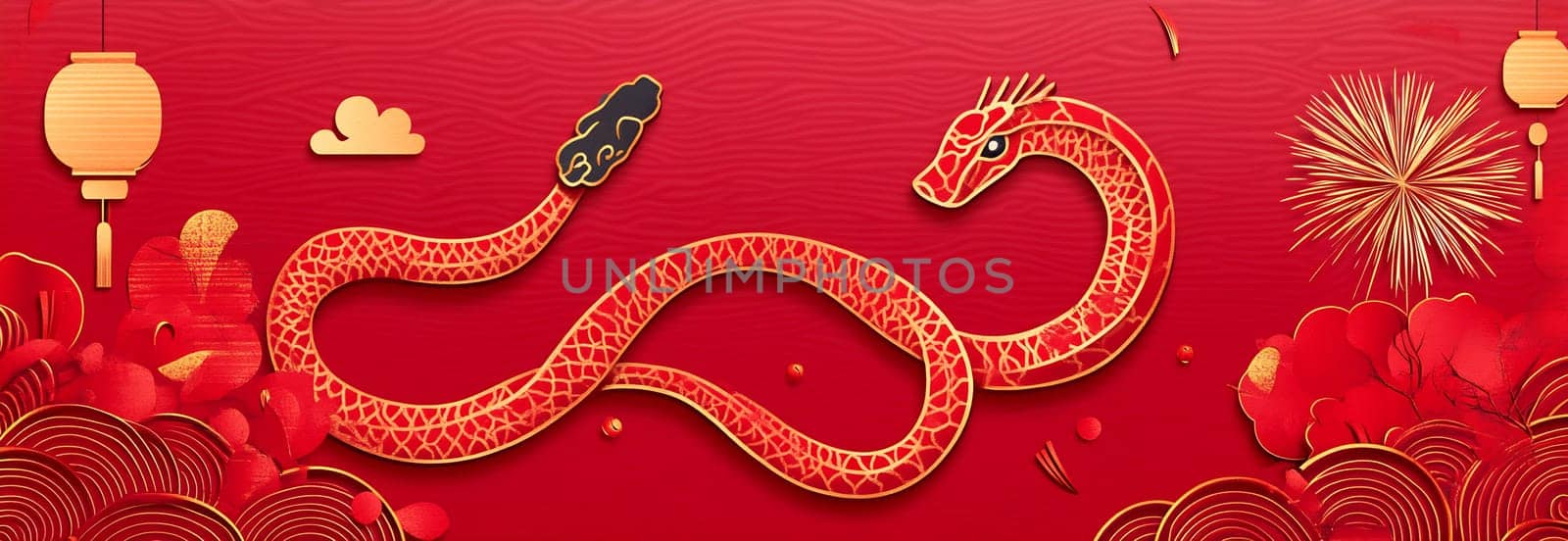 Bright red background features decorative dragon, lanterns, and fireworks, evoking Lunar New Year celebrations filled with joy.