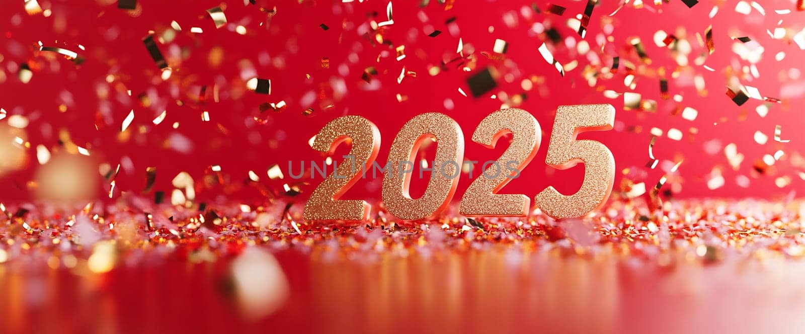 Golden 2025 numbers stand out against a red backdrop, surrounded by a joyful splash of confetti, marking the arrival of the new year.