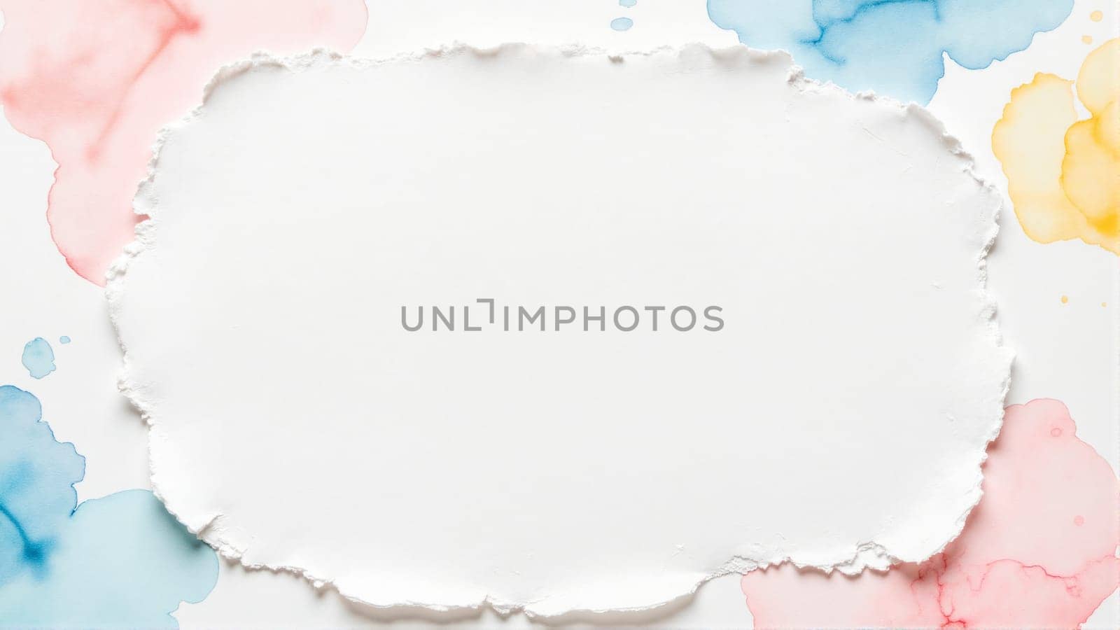 A white background with a colorful, torn piece of paper in the middle. The paper is torn in a way that it looks like it has been ripped apart. The colors of the paper are pink, yellow, and blue