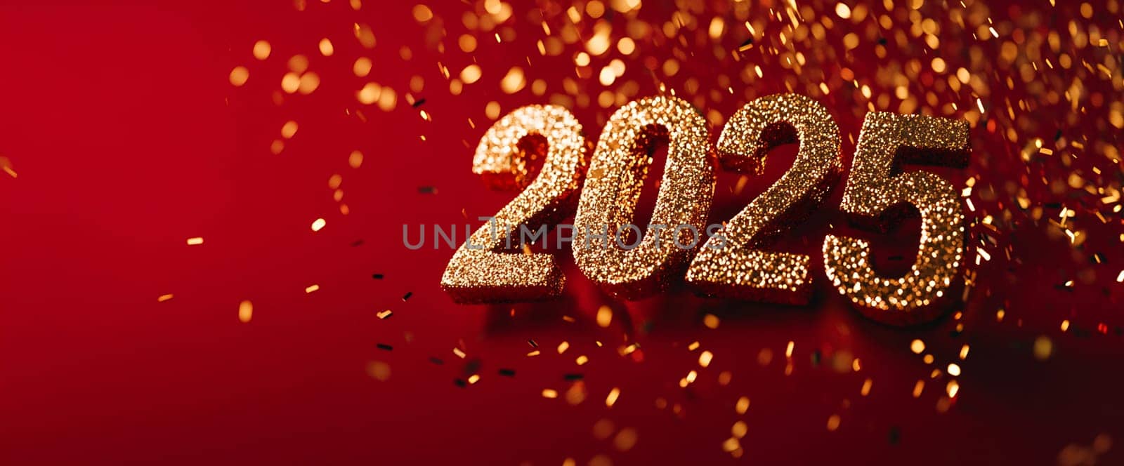 Golden numbers 2025 shine brightly amidst sparkling confetti on a festive red backdrop, welcoming the new year with joy.