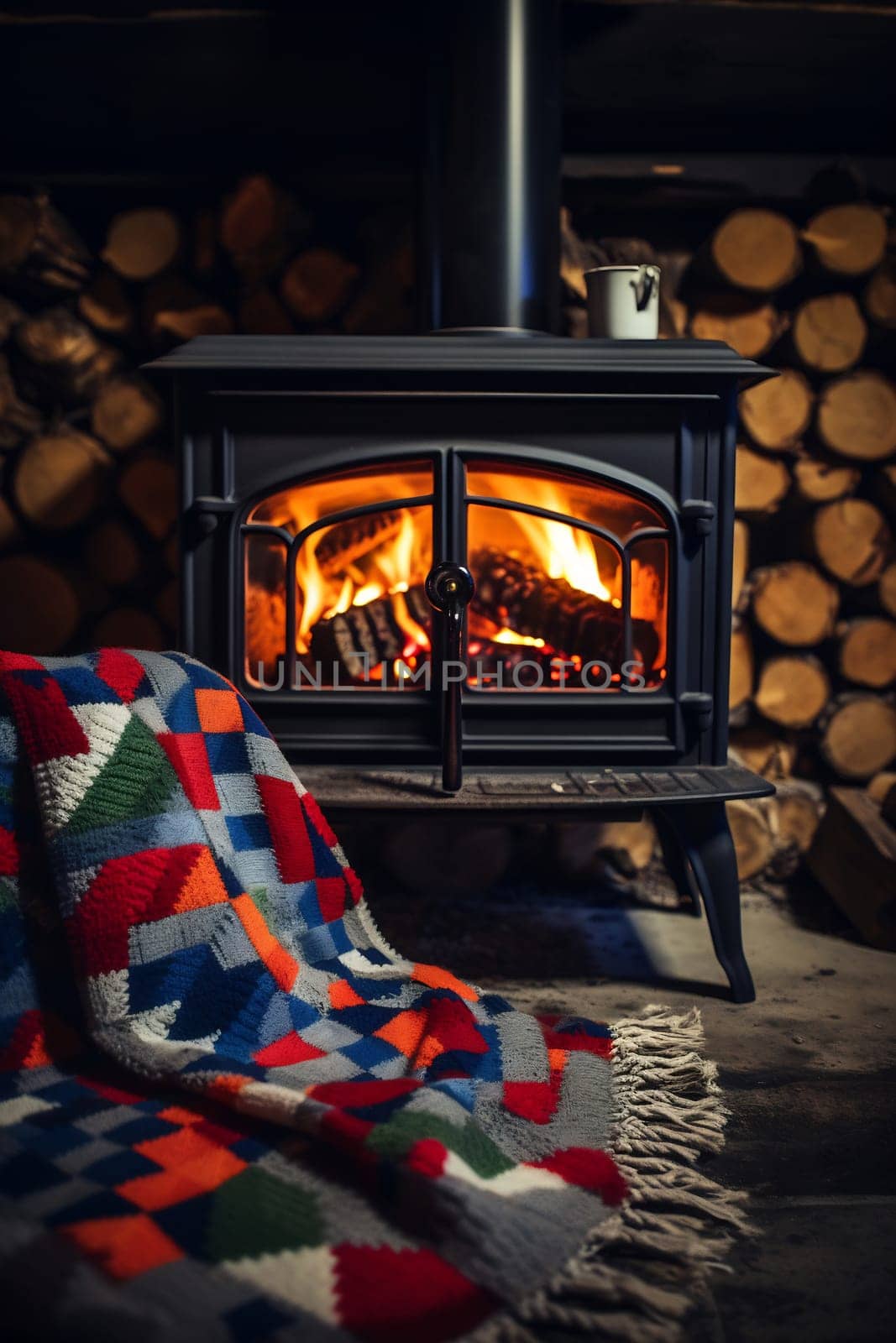 A warm, inviting atmosphere is created by a wood stove with flames, complemented by a vibrant blanket and a stocked woodpile nearby.