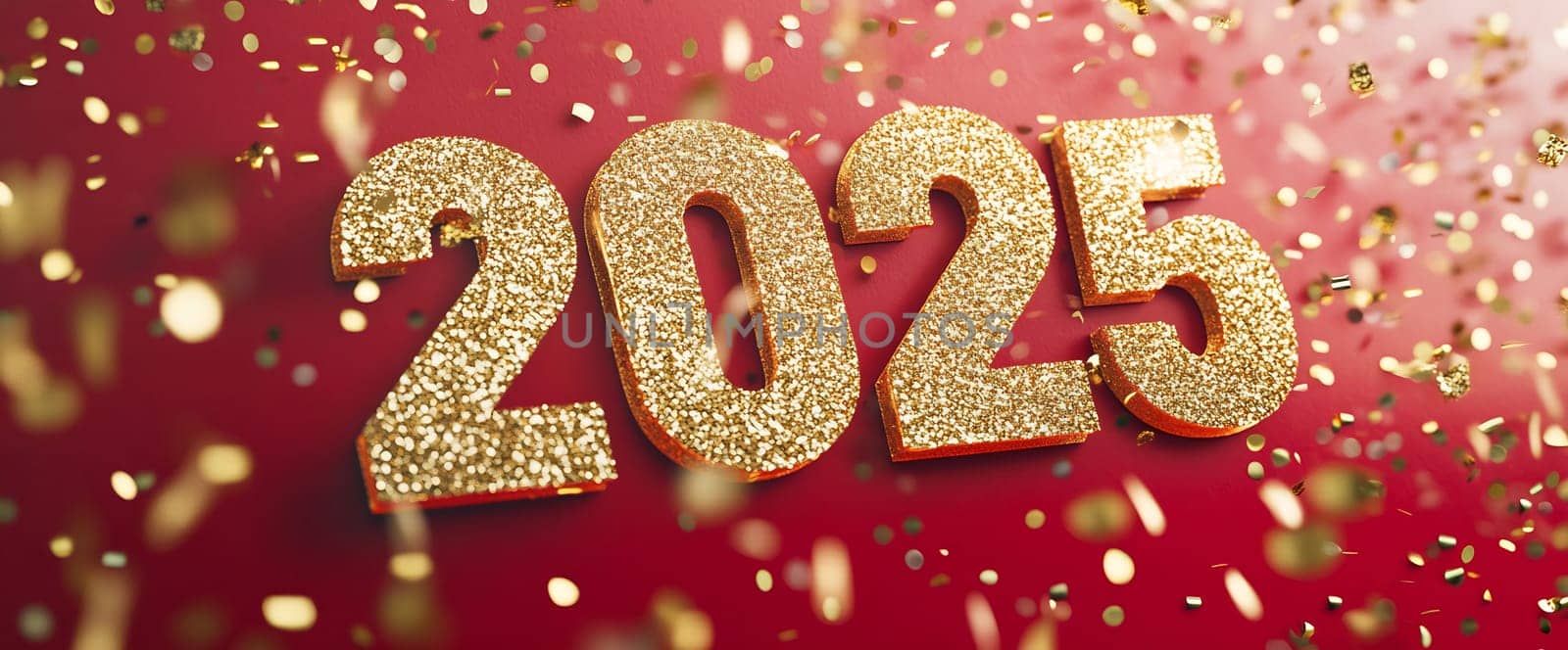 Celebration of the New Year 2025 with golden numbers surrounded by colorful confetti on a bright red backdrop, creating a festive atmosphere.