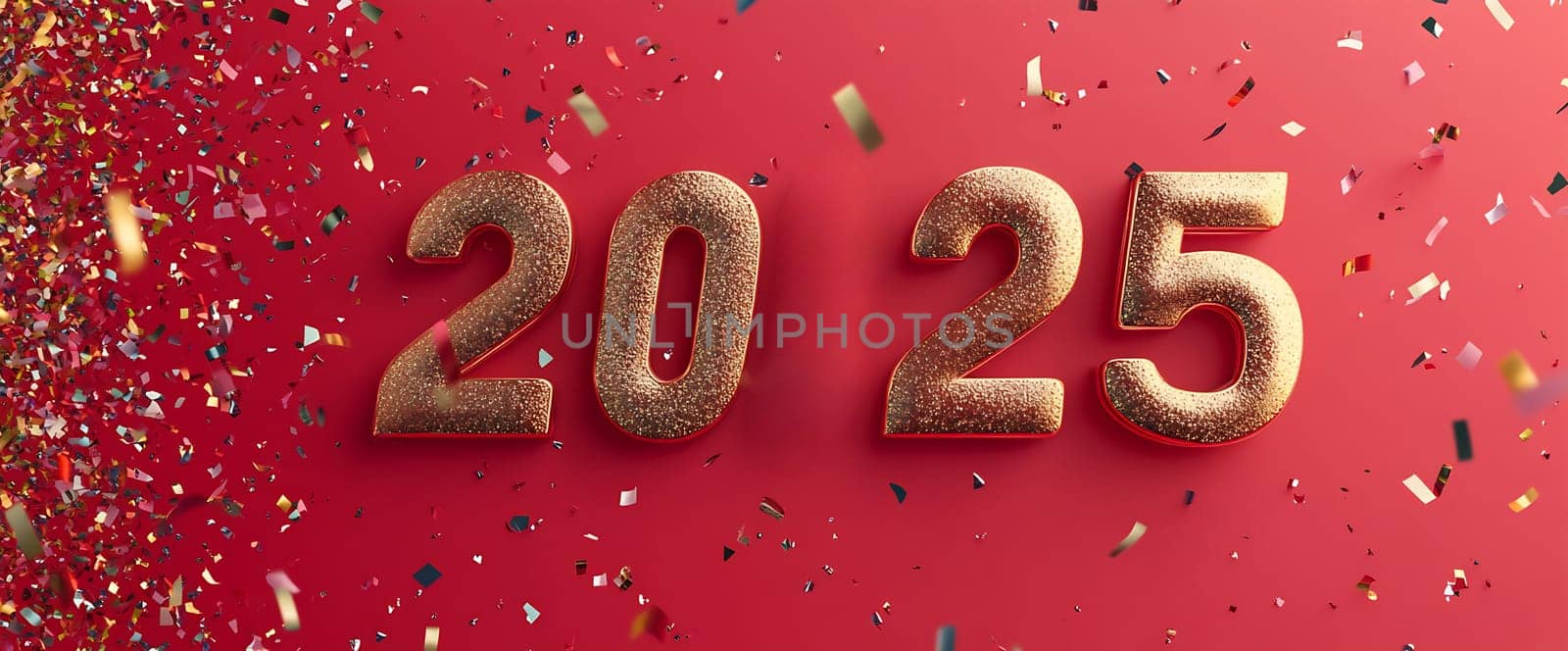 The golden numbers representing the year 2025 are set against a bright red backdrop, surrounded by colorful confetti, celebrating the new year.