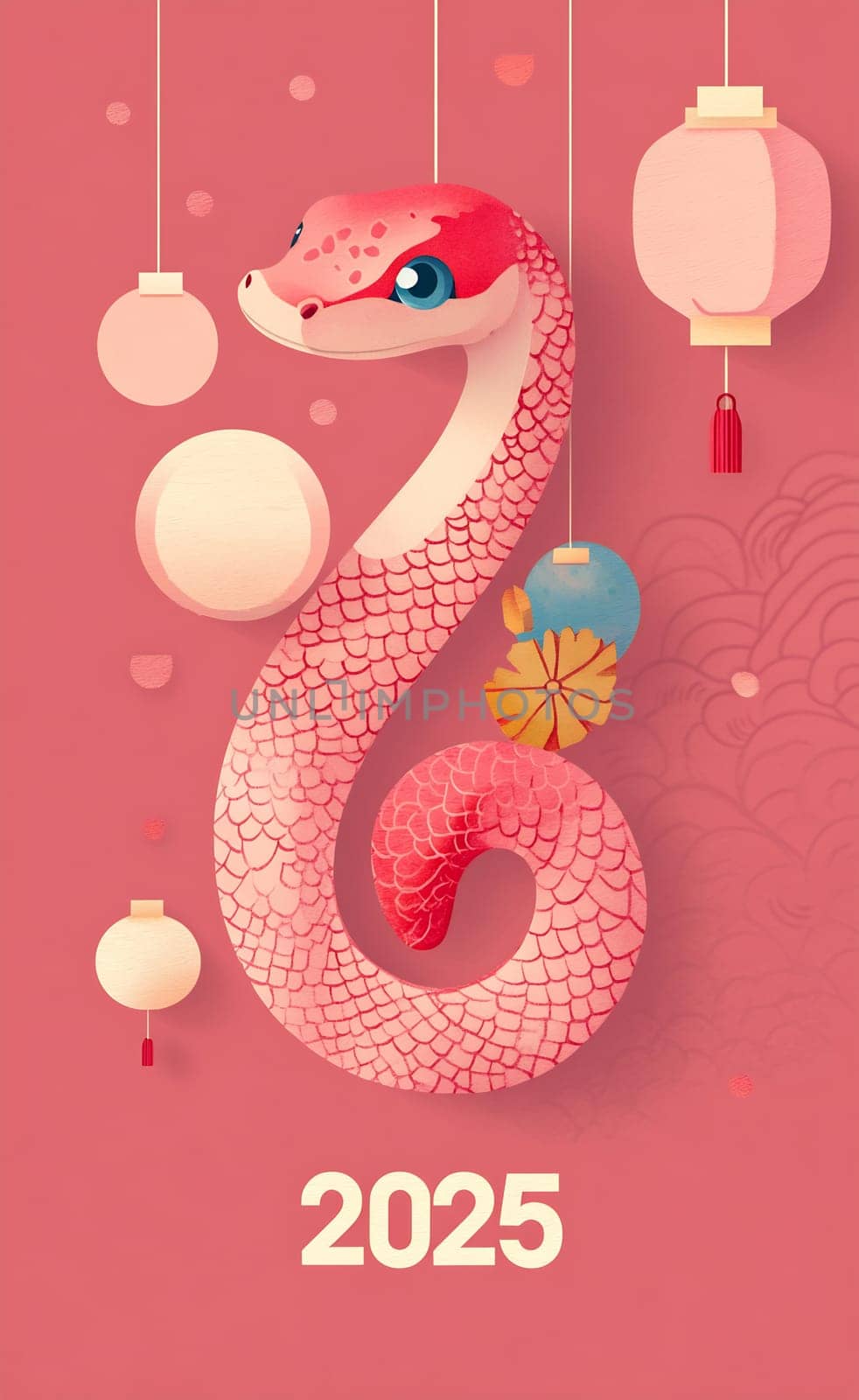 A vibrant snake adorned with decorative elements hangs amidst festive lanterns, symbolizing the Lunar New Year celebration for 2025.