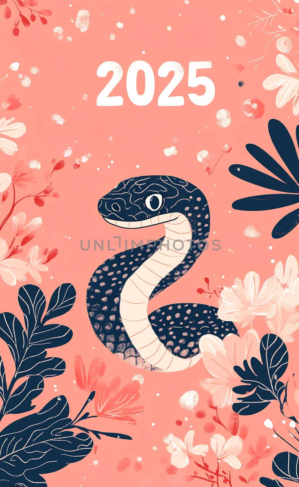 The artwork displays a playful black snake coiled among vibrant flowers and foliage, symbolizing growth and renewal for 2025.