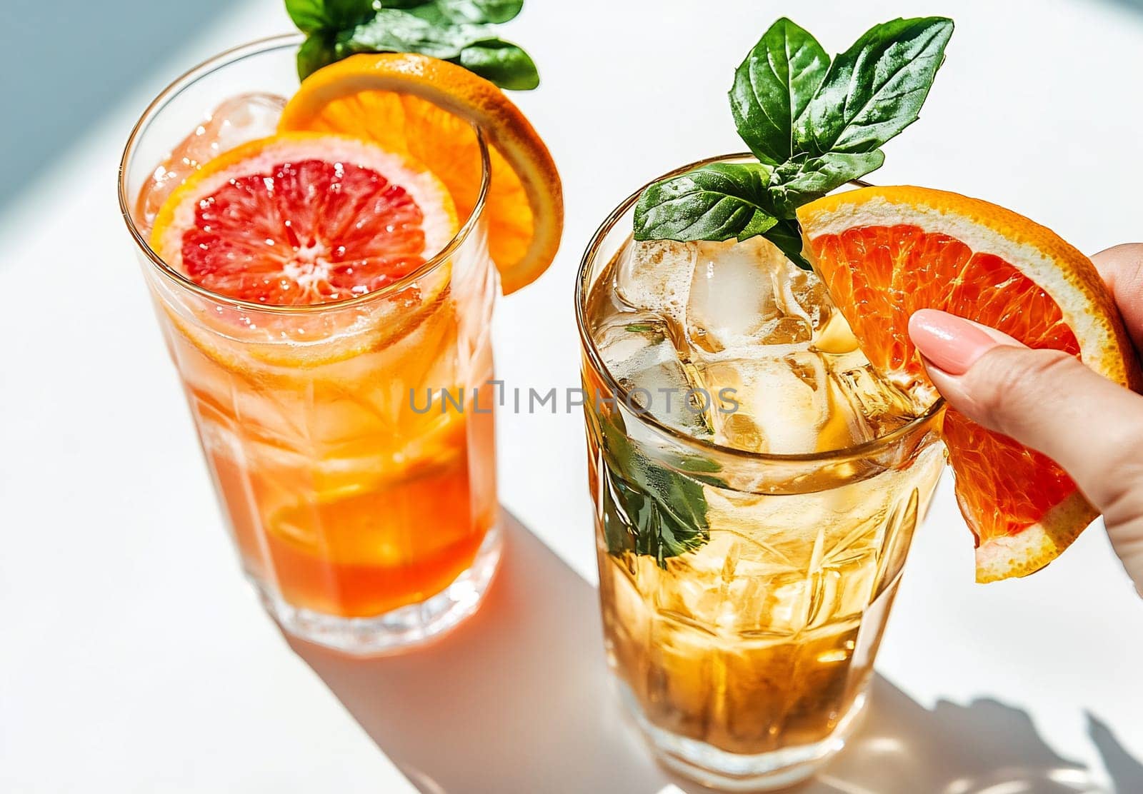 Two colorful cocktails with citrus slices and mint leaves are enjoyed poolside under the warm sun.