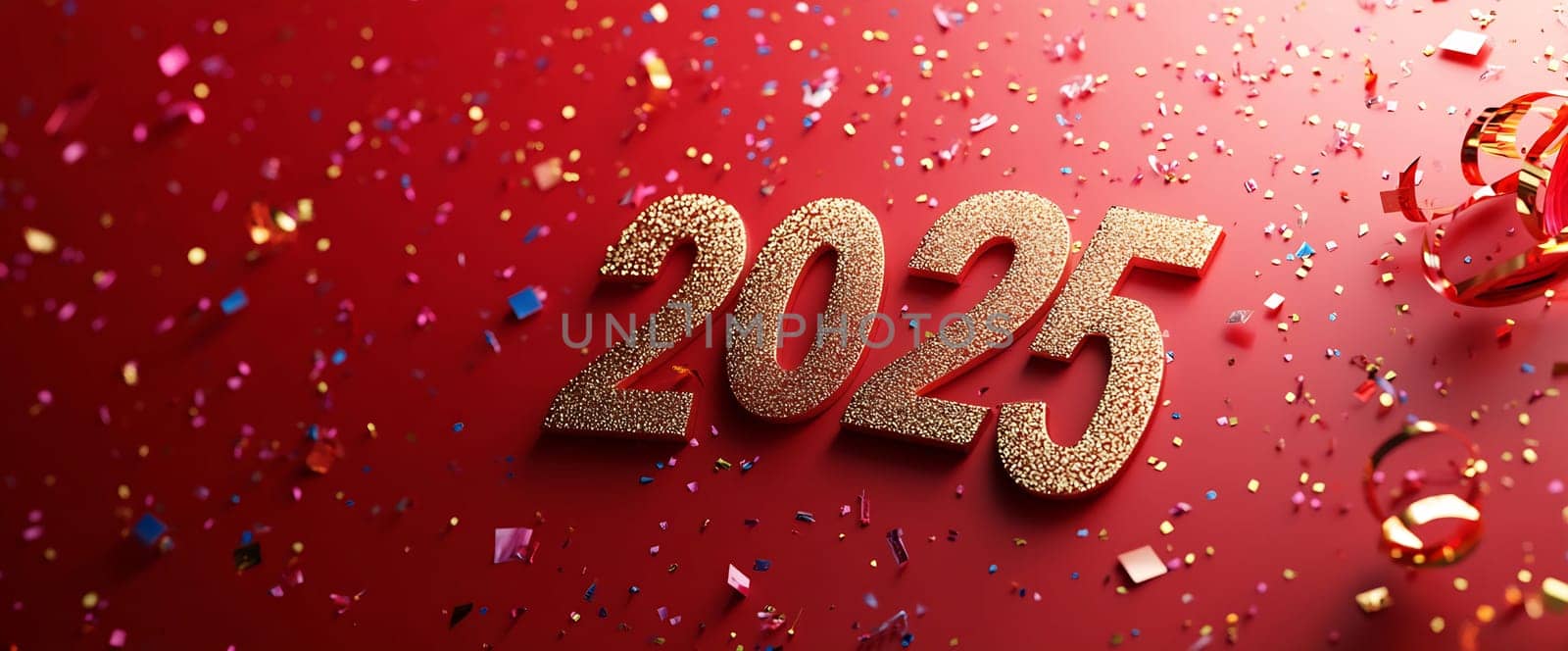 The year 2025 is adorned with glittering numerals and colorful confetti, creating a joyful atmosphere for New Year's celebrations.