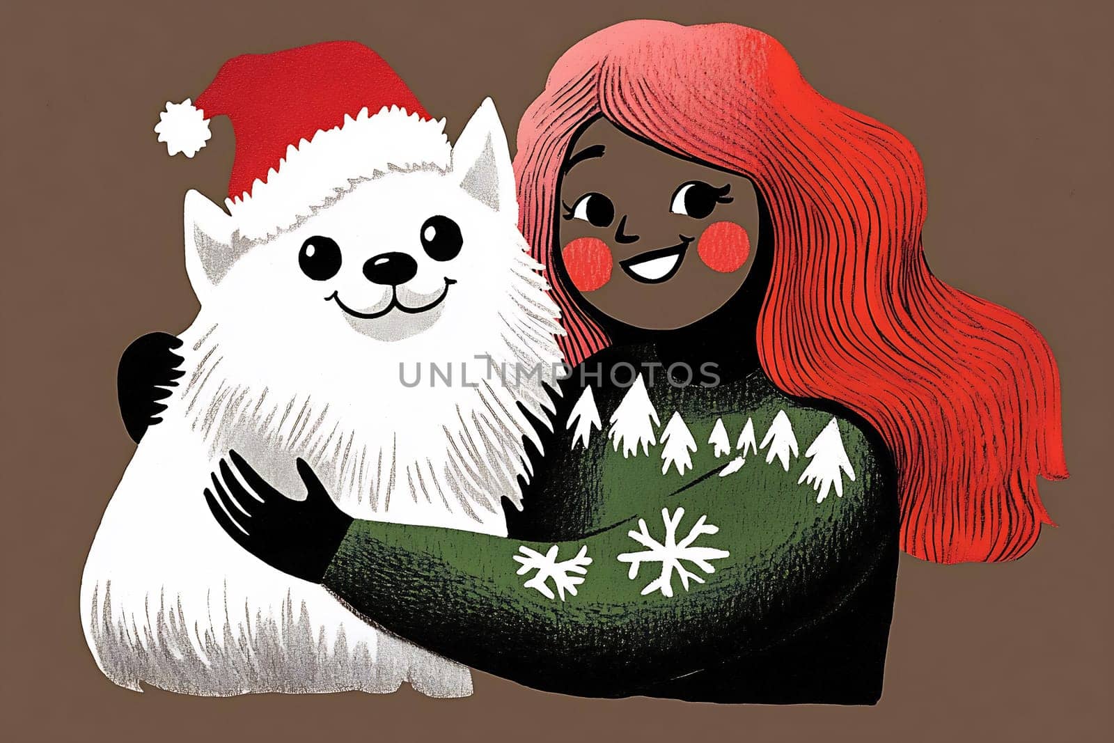 A cheerful girl with red hair hugs a fluffy white dog wearing a Santa hat, both enjoying the festive holiday spirit together.