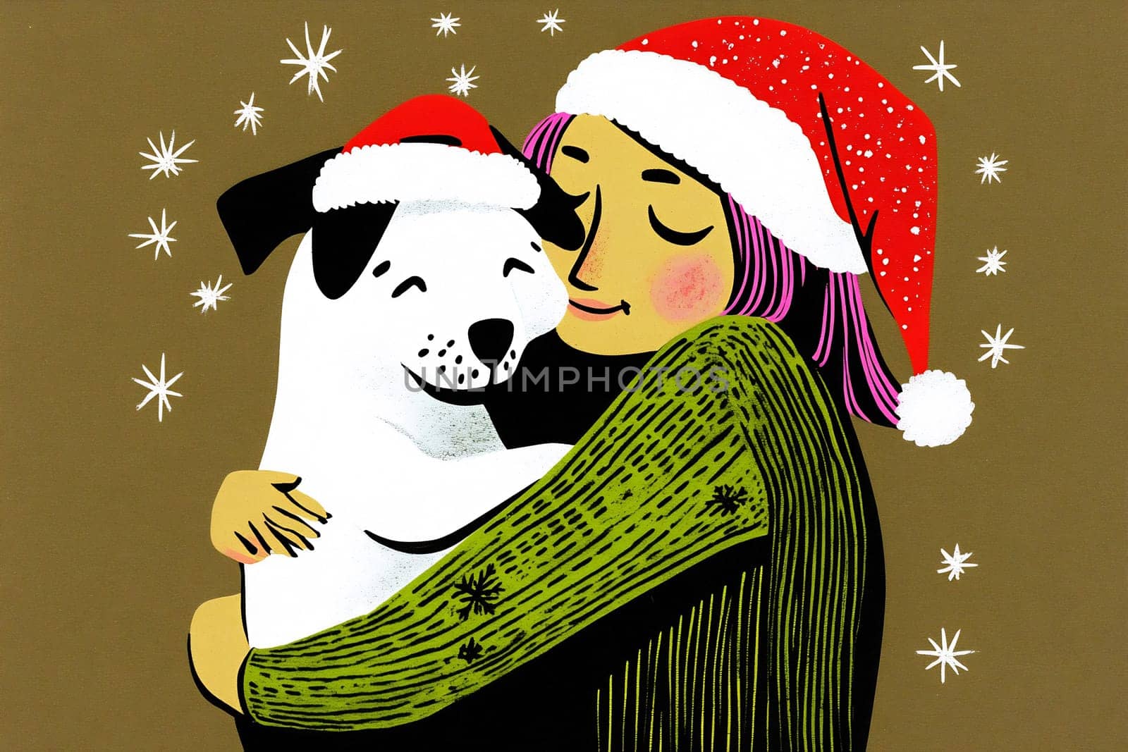 A woman warmly hugs her cheerful dog, both wearing Christmas hats, surrounded by a festive atmosphere filled with joy and love.