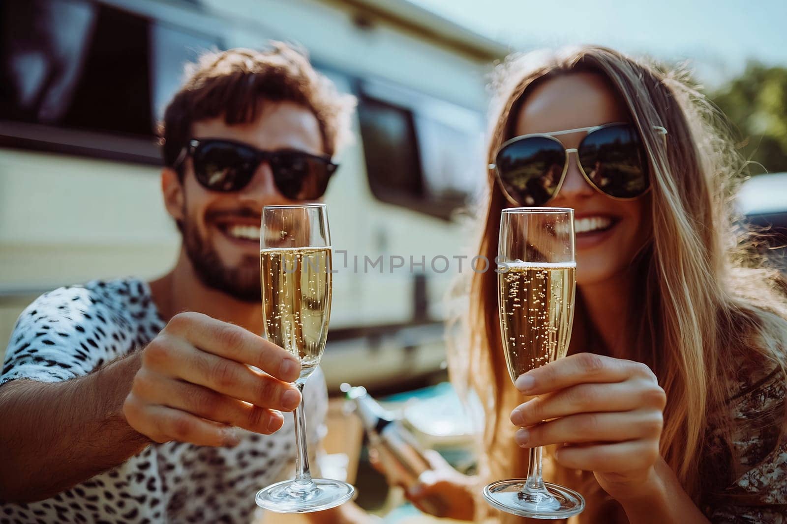A couple enjoys a cheerful toast with champagne in their glasses, smiling brightly amid a sunny outdoor setting next to a camper van.
