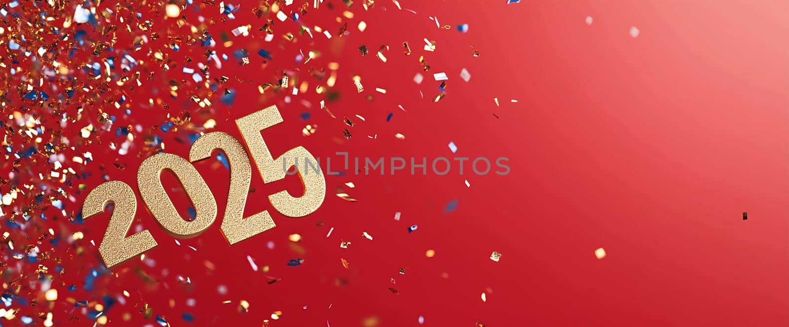 A vibrant display of golden 2025 digits surrounded by colorful confetti on a cheerful red background, welcoming the New Year.