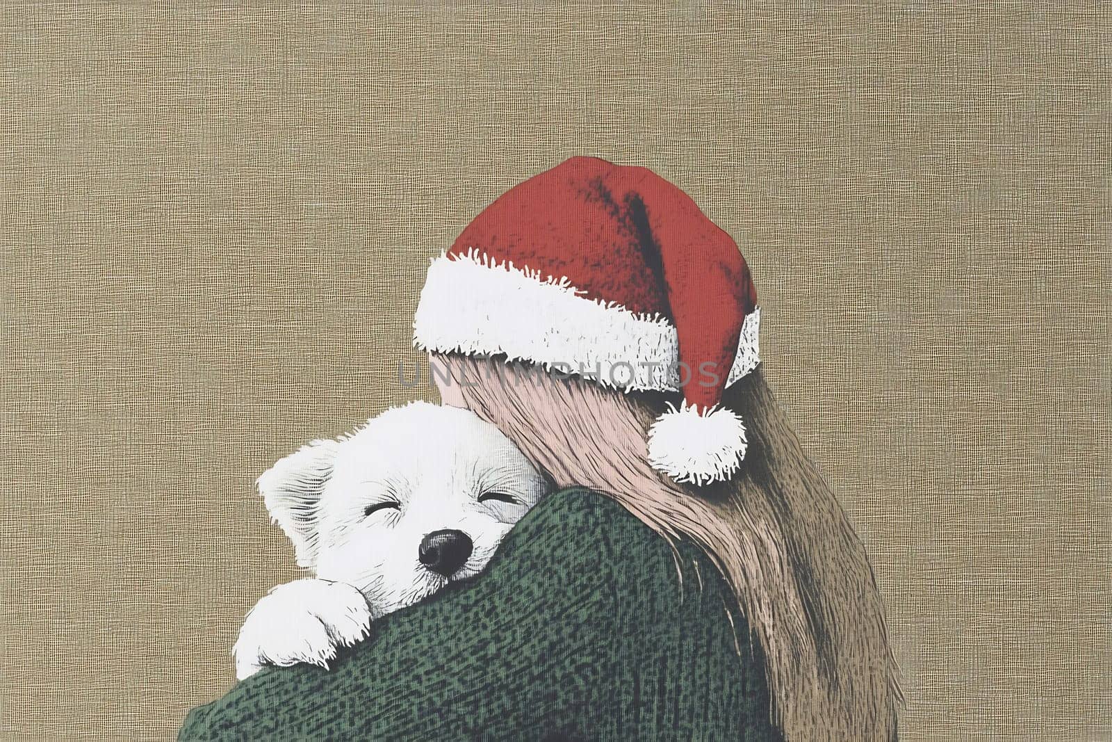 This delightful scene shows a girl wearing a Santa hat, joyfully embracing her fluffy white puppy, radiating holiday cheer.